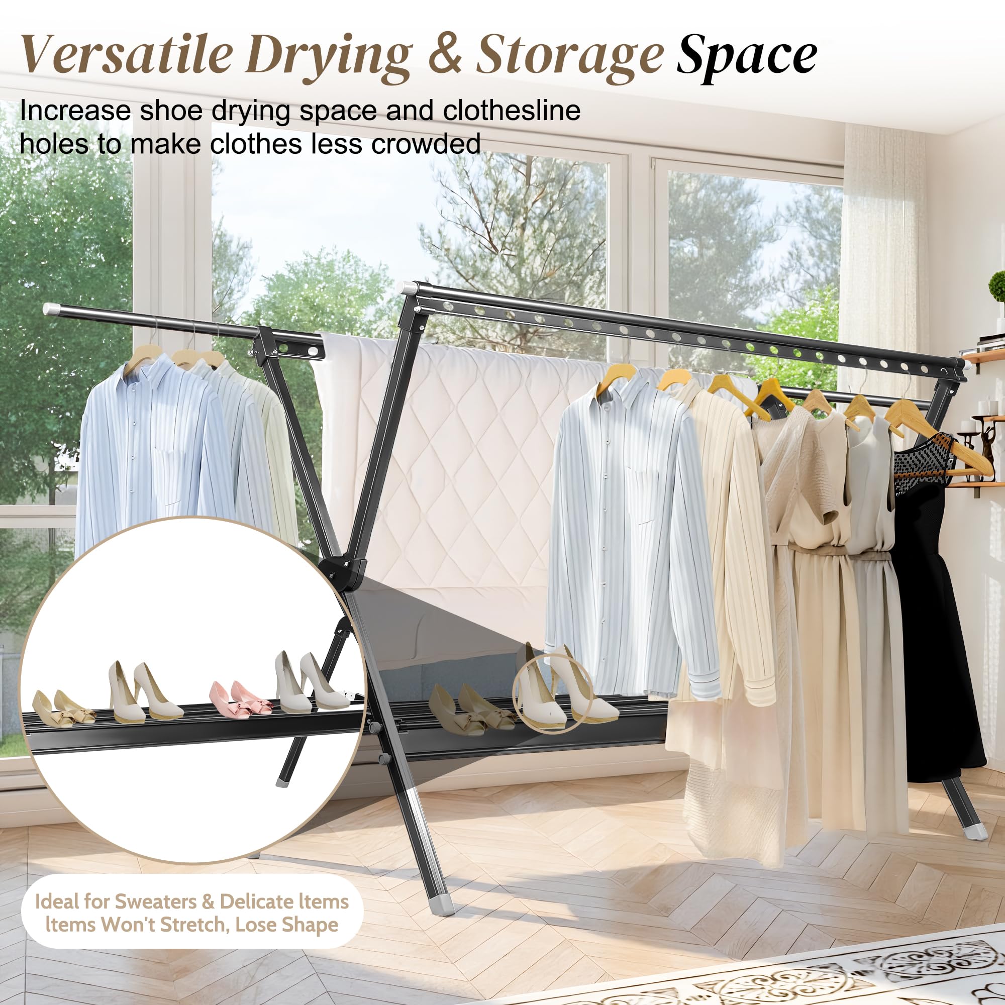 135-230 cm Wäscheständer, Wäscheständer Ausziehbar, einstellbar Länge, Faltbarer Kleiderständer, Indoor Outdoor, Schuhe und Kleidung, Heavy Duty Kleiderständer, mit winddichtem Haken
