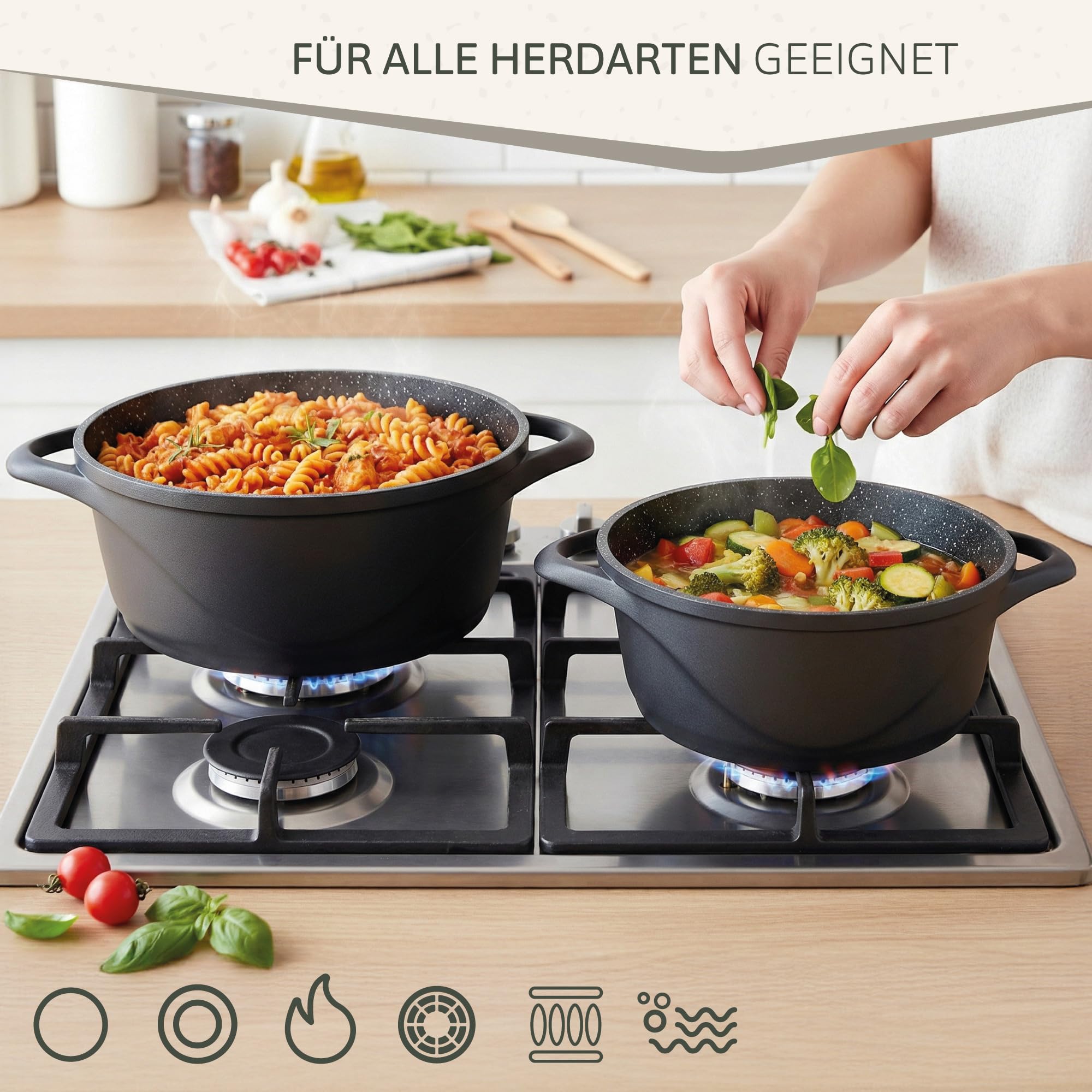 briebe Topfset Induktion 8-Teilig, Kochtopf Set 4 Töpfen aus Aluminiumguss, Antihaftbeschichtung ILAG GRANITEC ohne PFOA, Deckeln aus Glass, Topfhandschuhe Silikon, Glaskeramik, Gas, Ofen, MGK-12