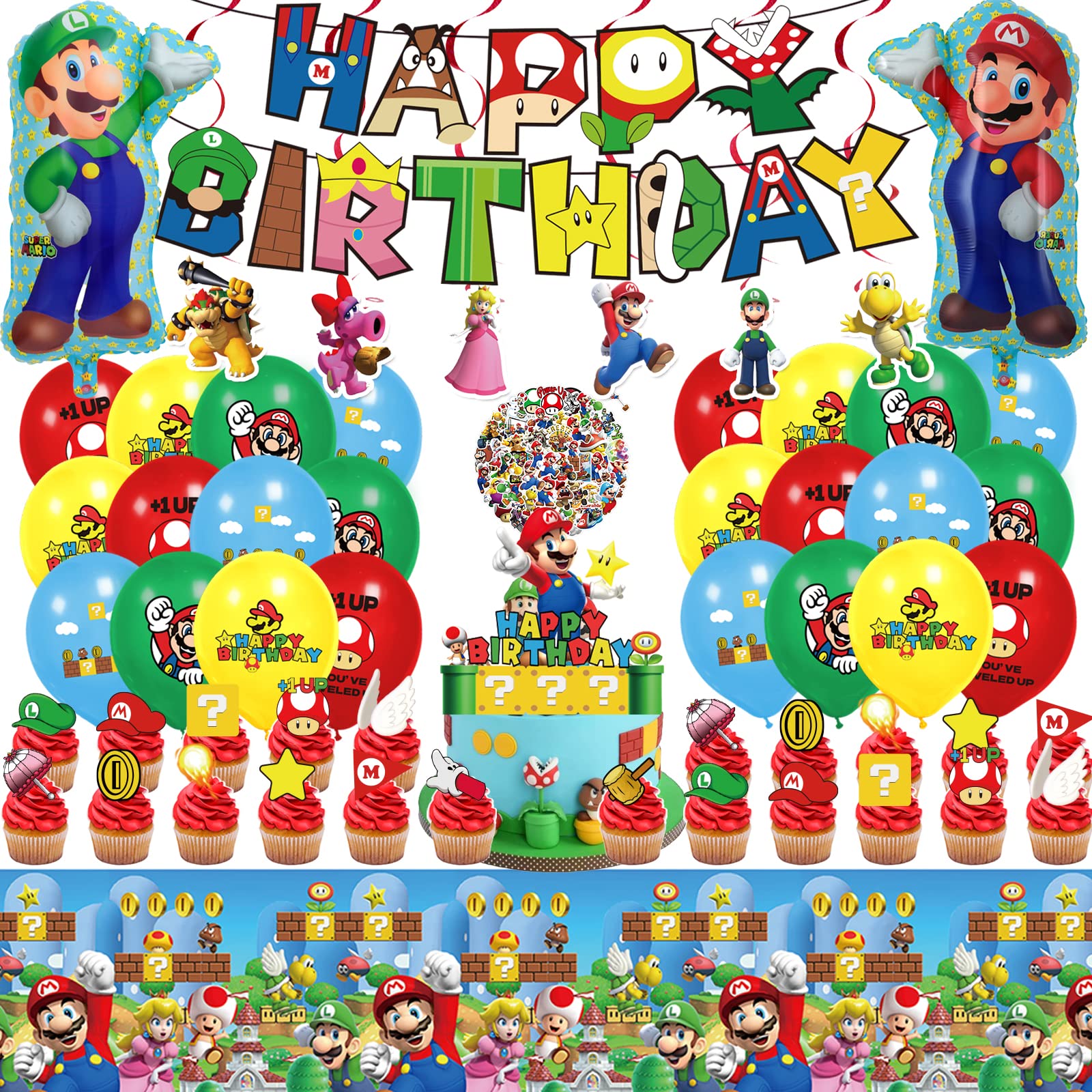 109pcs Ma-Rio Party Supplies Birthday Decorations Include Happy Birthday Banner， Hanging Swirls, Cake Topper, Cupcake Toppers, Balloons, Foil Balloons, stickers and Tablecloth for Kids Party