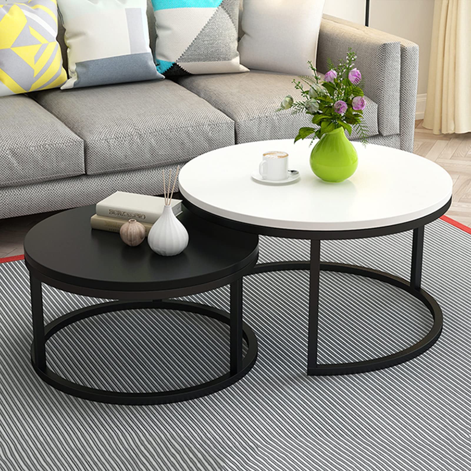SogesHome Set van 2 salontafels, bijzettafel, ronde nesting tafelset van 2 stapels, ronde tafels, gouden kleur, nesting eindtafel met marmerpatroon, voor woonkamer, balkon, kantoor