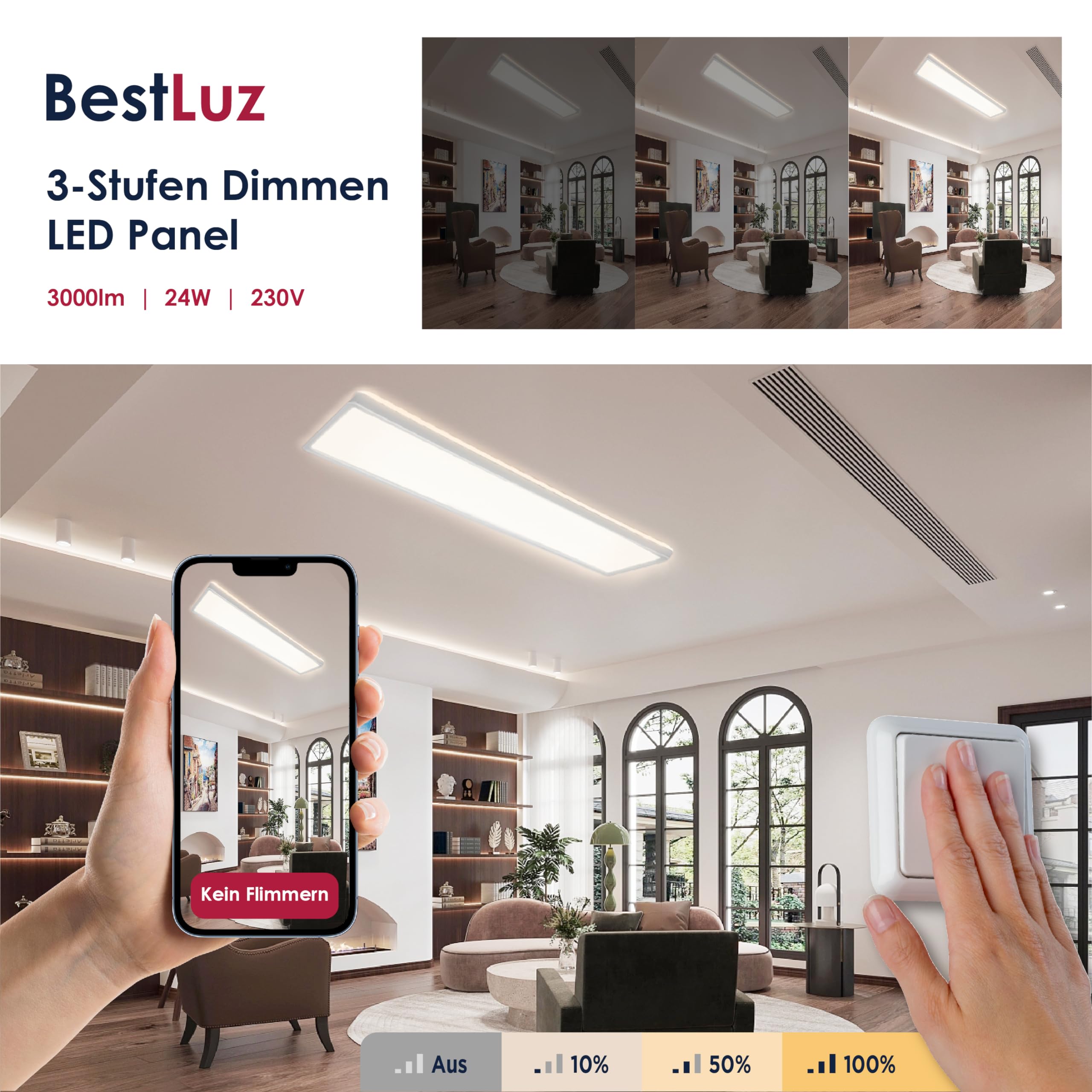 BestLuz LED Deckenleuchte 58x20CM (LxB) Dreistufige Dimmbar Rechteckig Panel 3000LM 24W IP44 Neutralweiß 4000K mit Backlight für Badezimmer Küche Wohnzimmer Schlafzimmer, Ultra Dünn (2 Stück)