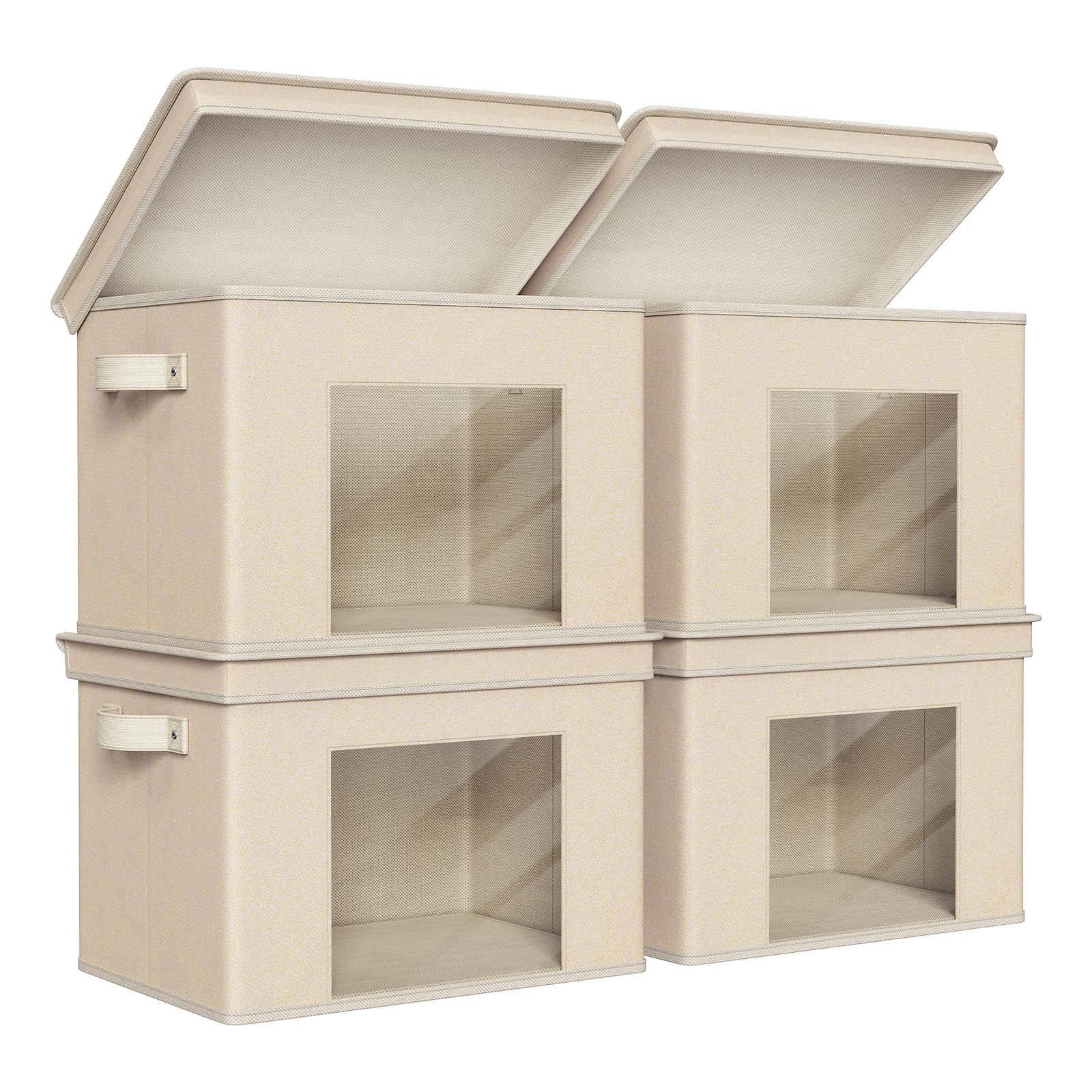 Univivi Faltbare Aufbewahrungsboxen aus Stoff, große Aufbewahrungskörbe mit Deckel, 4 Stück, zusammenklappbare Aufbewahrungswürfel, Organisationskörbe für Zuhause, Schlafzimmer, Schrank (Beige, 43,2 x