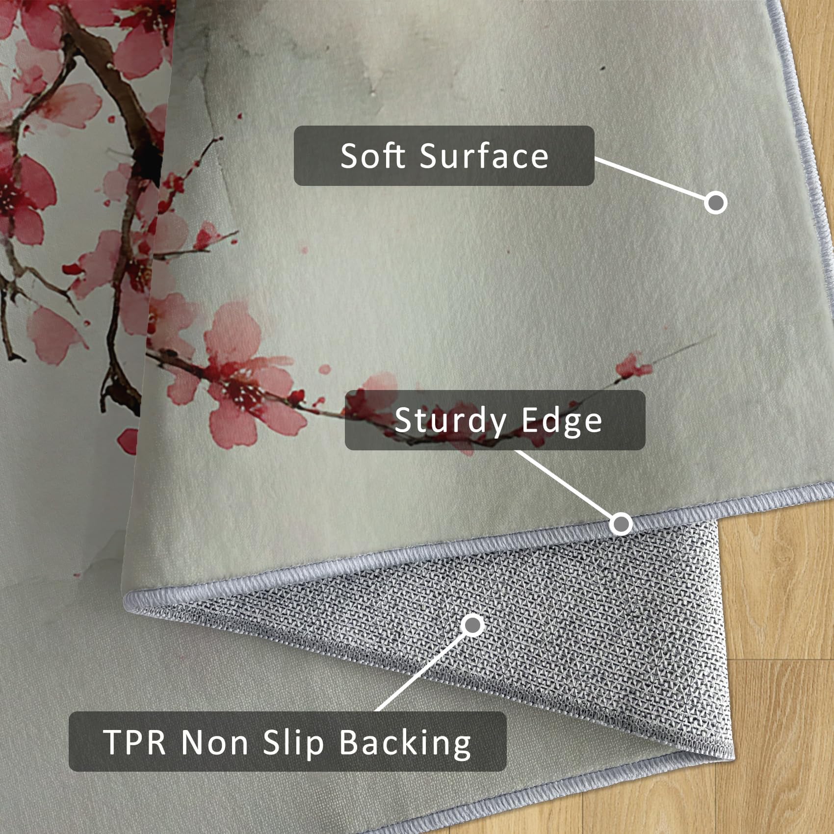 Tapis de Salon Lavable 120x140cm, Motif Floral Japonais Rose à Fleurs de Cerisier, Peinture à l'encre, idéal pour décoration Salon et de la Chambre, Doux et antidérapant.