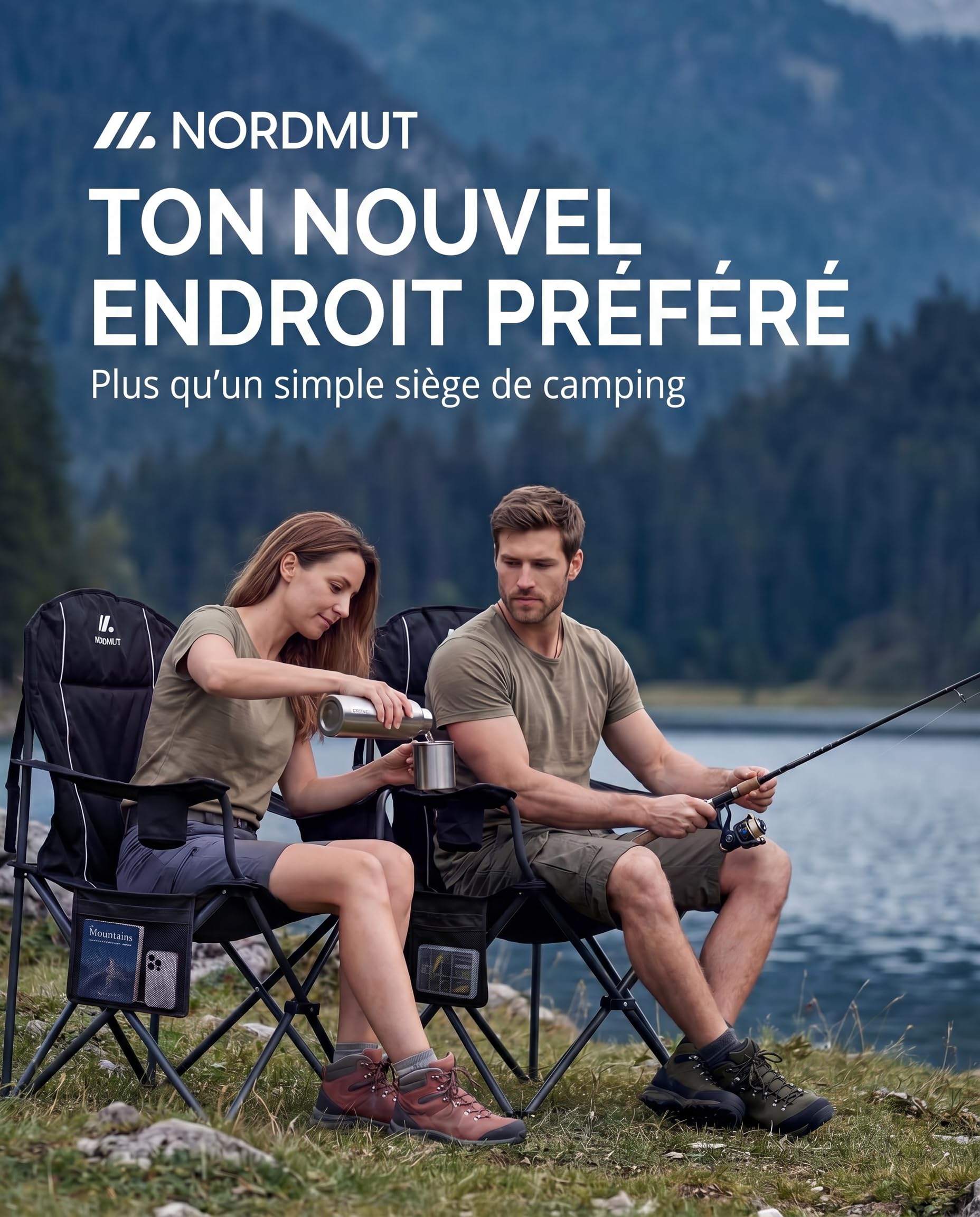 NORDMUT® Chaise de Camping Pliante légère – Stable supportant 200 kg – Chaise de pêche Confortable avec Sac Isotherme Pratique et Porte-gobelet (Noir 1x)