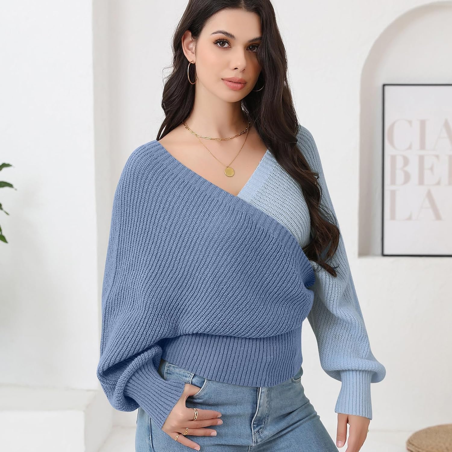 Women's Wrap V Neck Knit Sweaters Batwing Long Sleeve Cross Front Drop Shoulder Fall Pullover Tops - Image 3