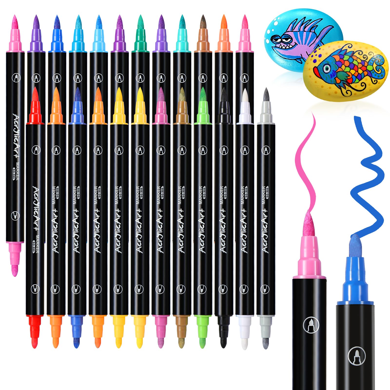 Set 24 Pennarelli Acrilici Doppia Punta - Per Pietre, Legno, Ceramica, Punta Fine E A Pennello