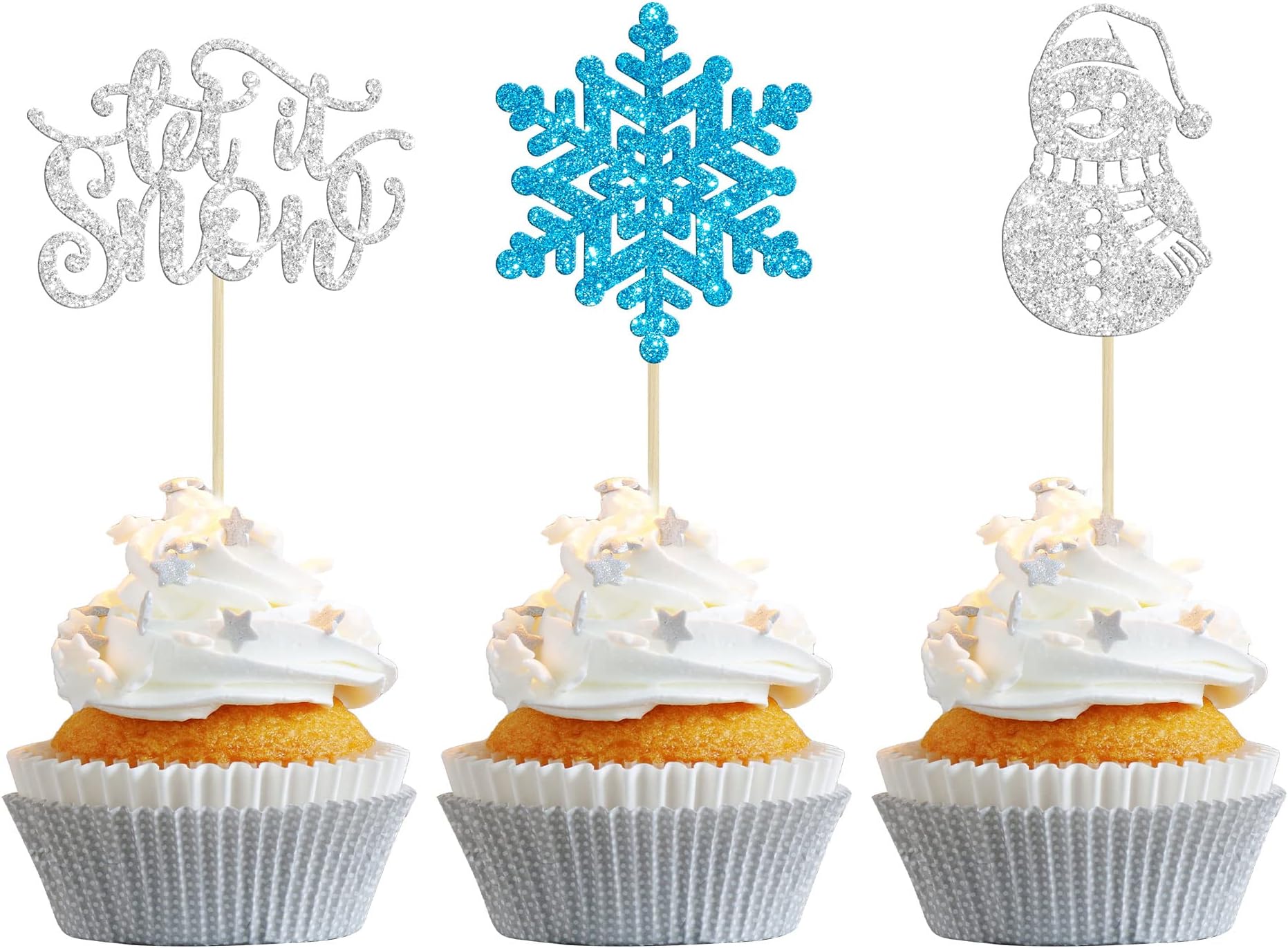 Gyufise24Pcs Snowflake Cupcake Toppers Glitter Let it Snow Snowman Frozen Cake Food Picks Decorations for inter Wonderland Wedding Anniversary Decorations Bridal Shower Party Supplies