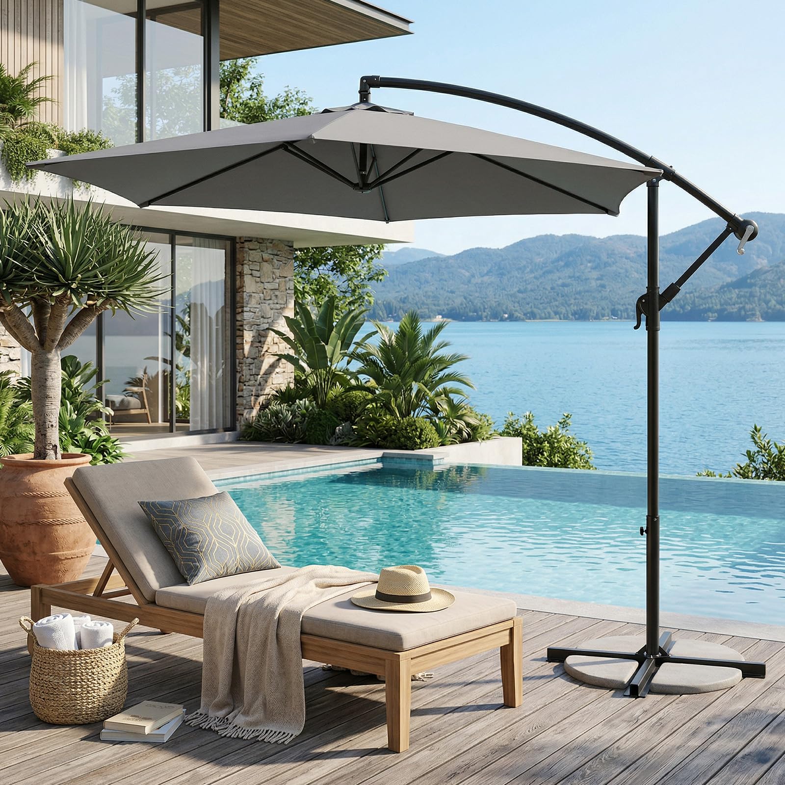 Sekey Ampelschirm 300 cm mit neigbarem Schirmdach, Sonnenschirm mit 48mm Alu-Mast & 6x Stahlstreben，Garten Terrassen Schirm rund knickbar, inkl. Zusatzgurt gegen Wackeln