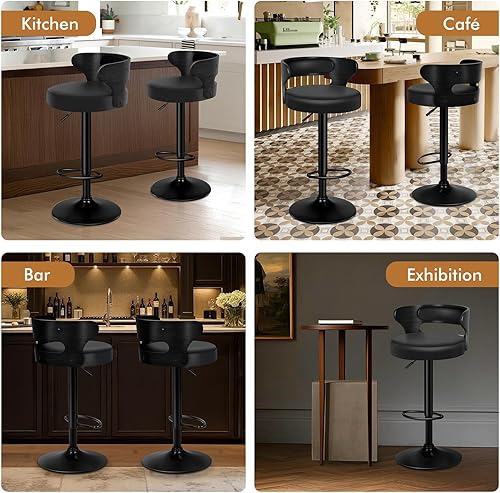 Miniatura 5 de Juego de 2 taburetes de bar, taburetes de bar giratorios de altura ajustable para encimera de cocina, modernas sillas de bar tapizadas de piel