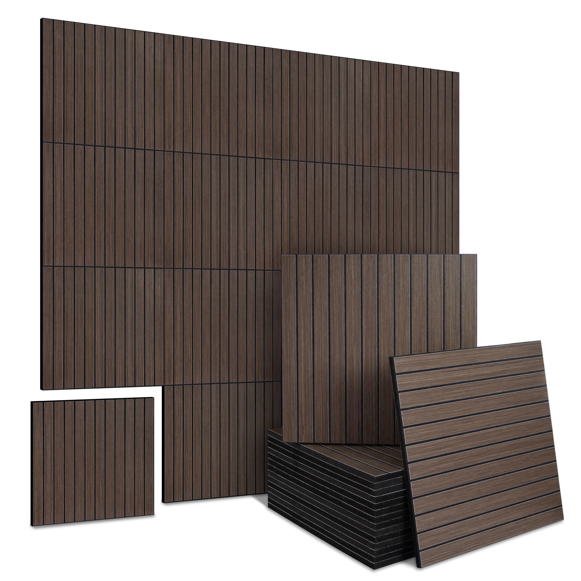 Photo 1 of 16-Pack Peel and Stick Acoustic Wall Panels, 11.8" x 11.8" PET Soundproof & Noise Cancelling Acoustic Felt, Self-Adhesive 3D Sound Absorbing Slat Wall Paneling for Interior Wall Decor, Walnut