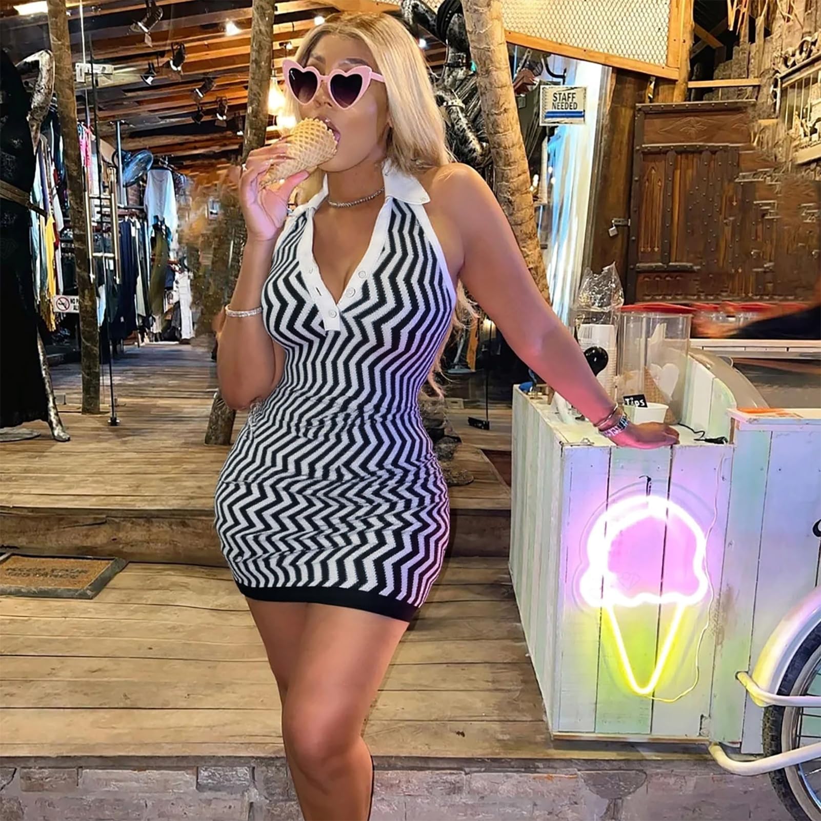 Ryehack Abito estivo da donna, con scollo a V, schiena scoperta, a righe, scollo a V, mini abito da spiaggia, Y2k, sexy, casual, da donna