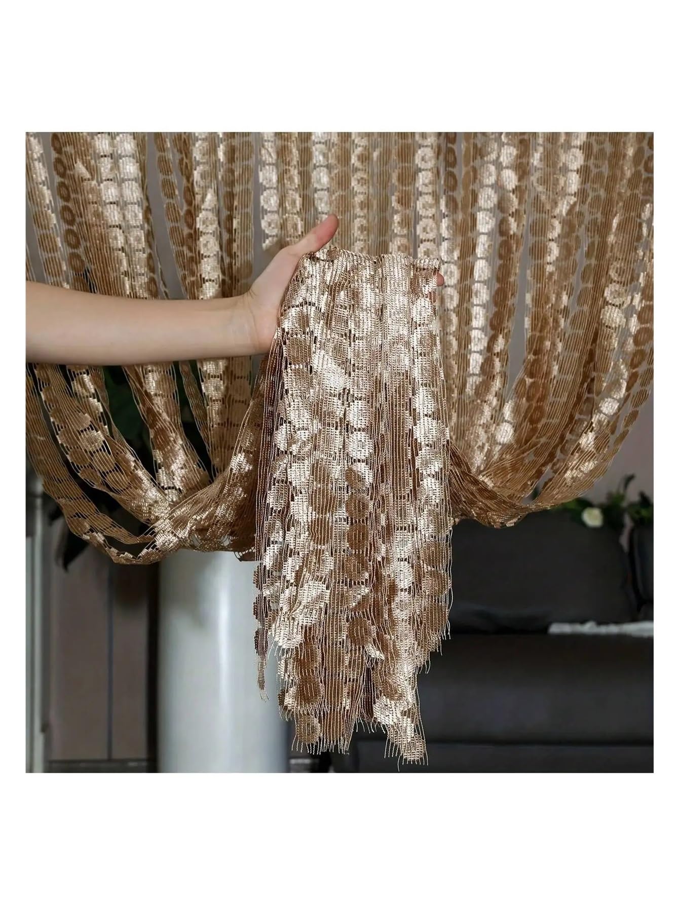 ERHTGUO Lace String Curtain – Sheer Tassel Room Divider, Wedding Backdrop, Romantic Home Decor For Living Bedroom(Champagne)