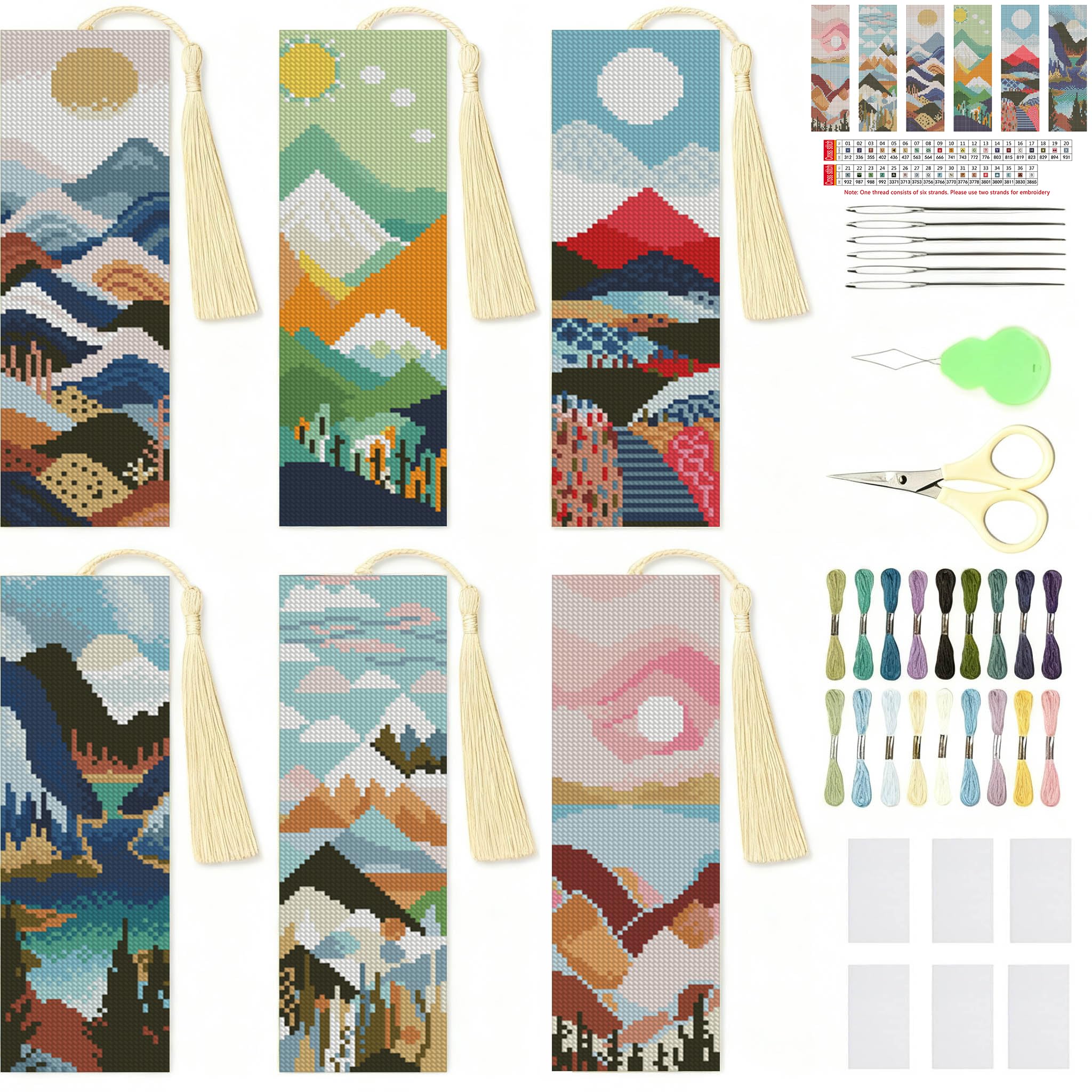 Jakener 6 Pcs Landscape Cross Stitch Bookmark Kit for Adult Beginners, Cross Stitch Kits 14 CT DIY Crossstitch Kits Adult Stamped Bookmark Embroidery Bookmarks Kit