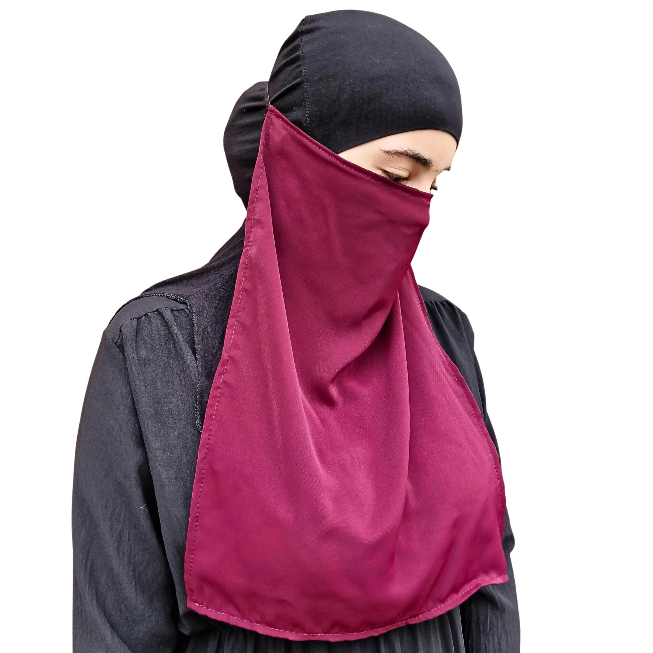 Niqab Face Veil Jilbab Abaya Khimar Headscarf One Piece Islamic Scarf Ideal Madrassa Mosque Ramadan Eid Wedding Everyday (Burgundy)
