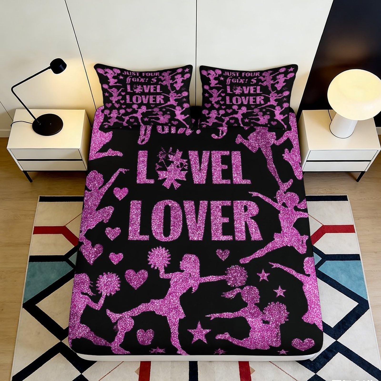 3D Printed Pink Cheerleader Silhouette Fitted Sheet Microfiber Soft Breathable Love Lover Bed Cover for Bedroom Dorm Mattress Protection Decor 120x200x25cm