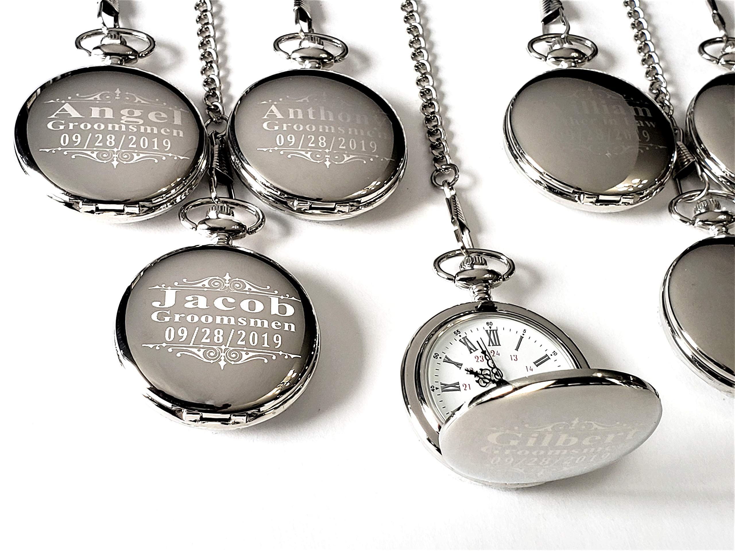 8 Gold Polished Engraved Pocket Watches - Gift Box Set of 8 for Weddings - Groomsmen Personalized Gifts with Chain and Box Included - Engraving Included (Silver)