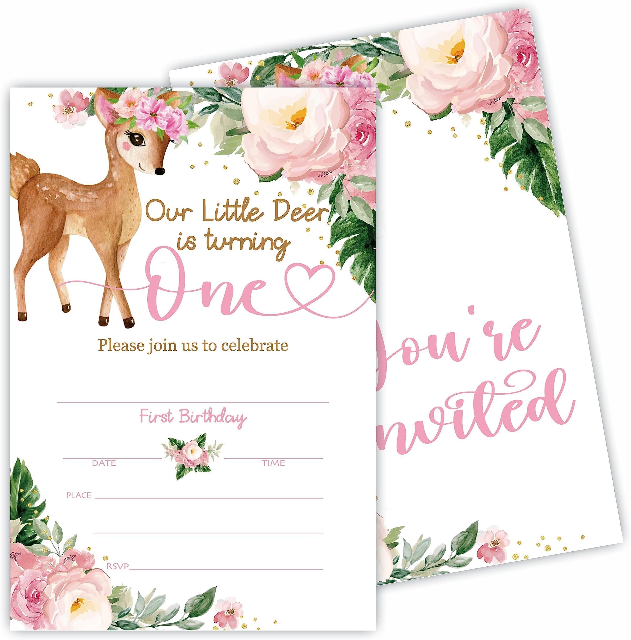 1st Birthday Invitations - Our Little Deer Is Turning One - 20 Invitation Cards With Envelopes, Double-Sided Invites For Boy & Girls, Teens, Birthday Party Favor, Decorations & Supplies - 10