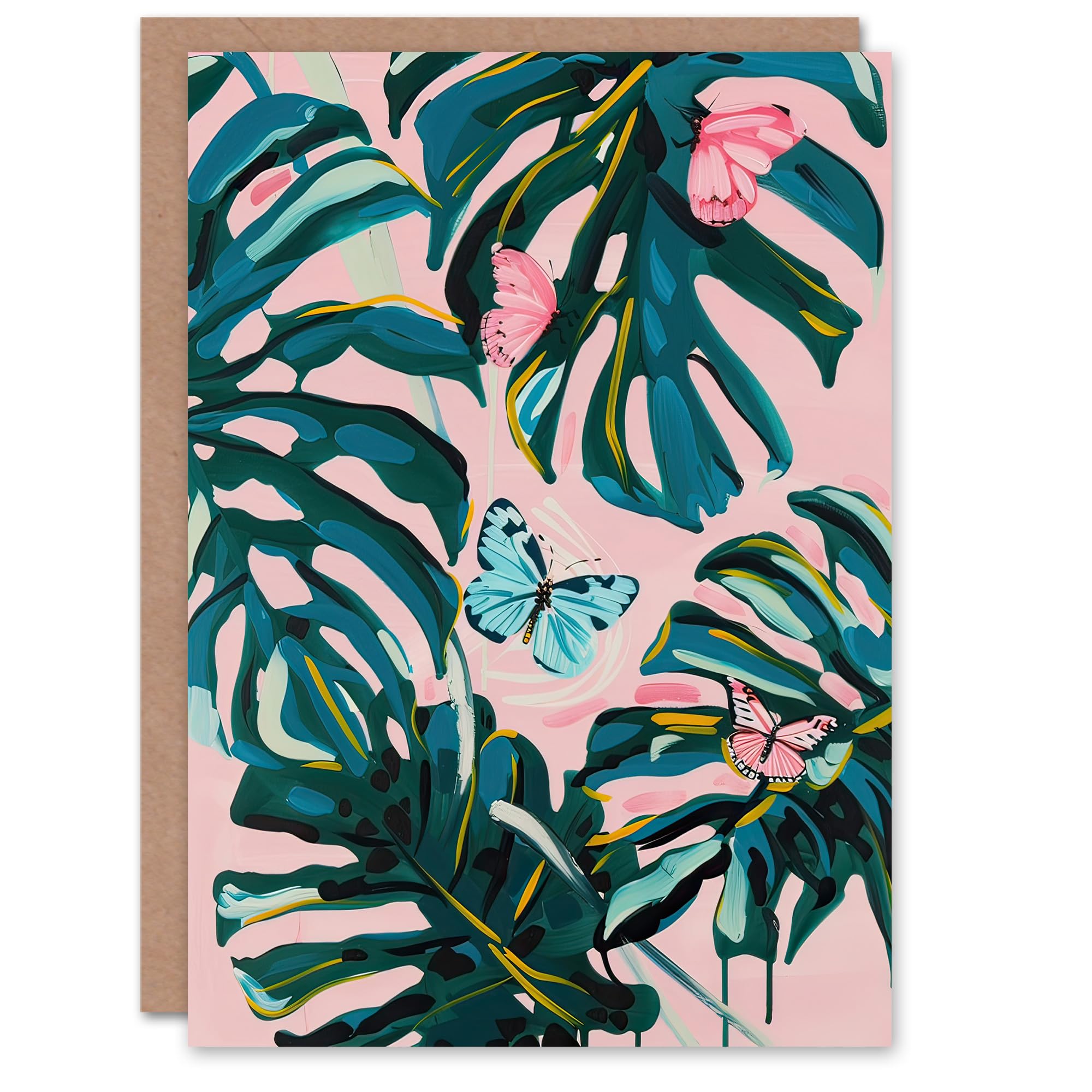 Artery8 Greeting Card Pastel Butterflies Monstera Plant Painting Pink For Her Woman Birthday Card