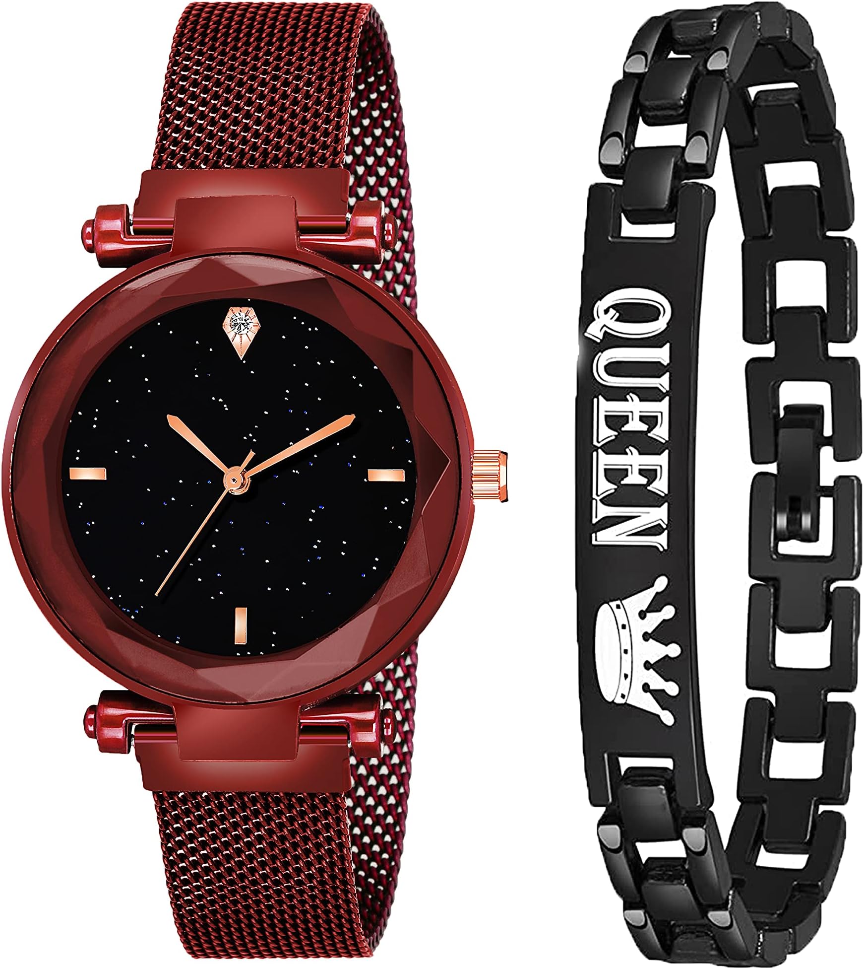 niyati NxBlack 4 Figar Dial Red Maganet Strap with Black Queen Bracelet for Girl & Women