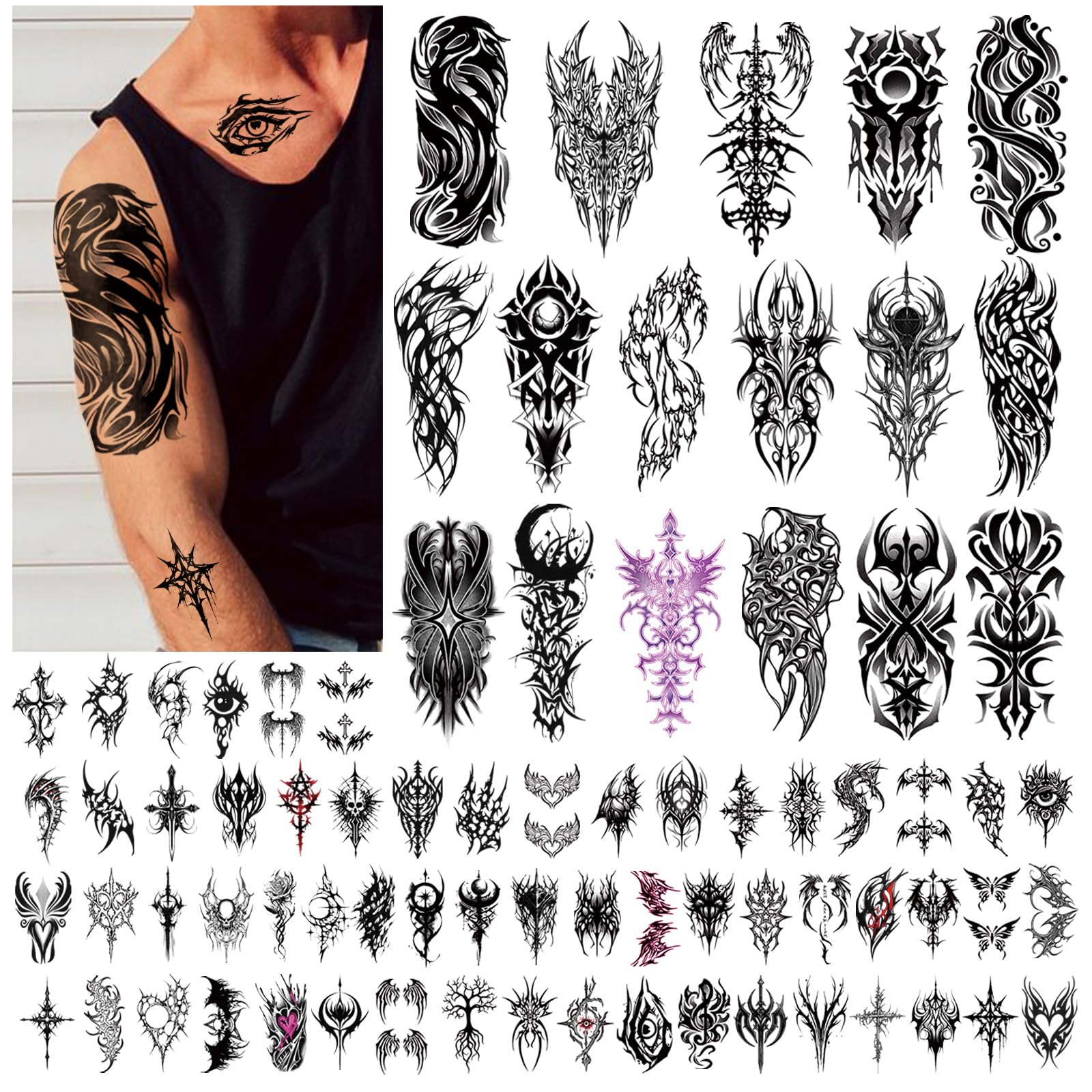 77 Sheets Cyborg Tribal Temporary Tattoo for Women Men, 17 Half Arm Large Skull Butterfly Fake Tattoos, 60 Black Vintage Tiny Adult Kid Body Tattoos