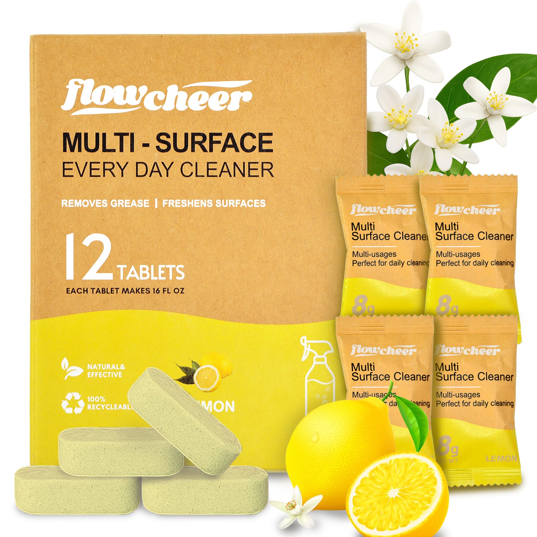 Flowcheer All Purpose Cleaner Concentrate Refills Multi Surface Clean Refill No Toxic Cleaning Tablets 12Pack -Makes 192 fl