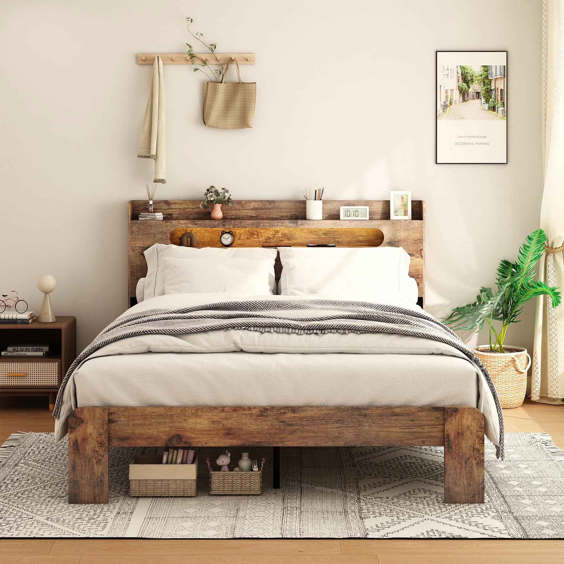 ivoros Wooden King Size Bed Frame with Storage Headboard, Rustic Farmhouse Platform Bed Frame King Size with Charging Station & LED Lights, 12 Wood