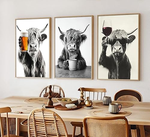 Miniatura 3 de KKP - Juego de 3 imágenes divertidas de vaca de las tierras altas de las tierras altas, cuadros de decoración de pared de barra de vaca blanca y