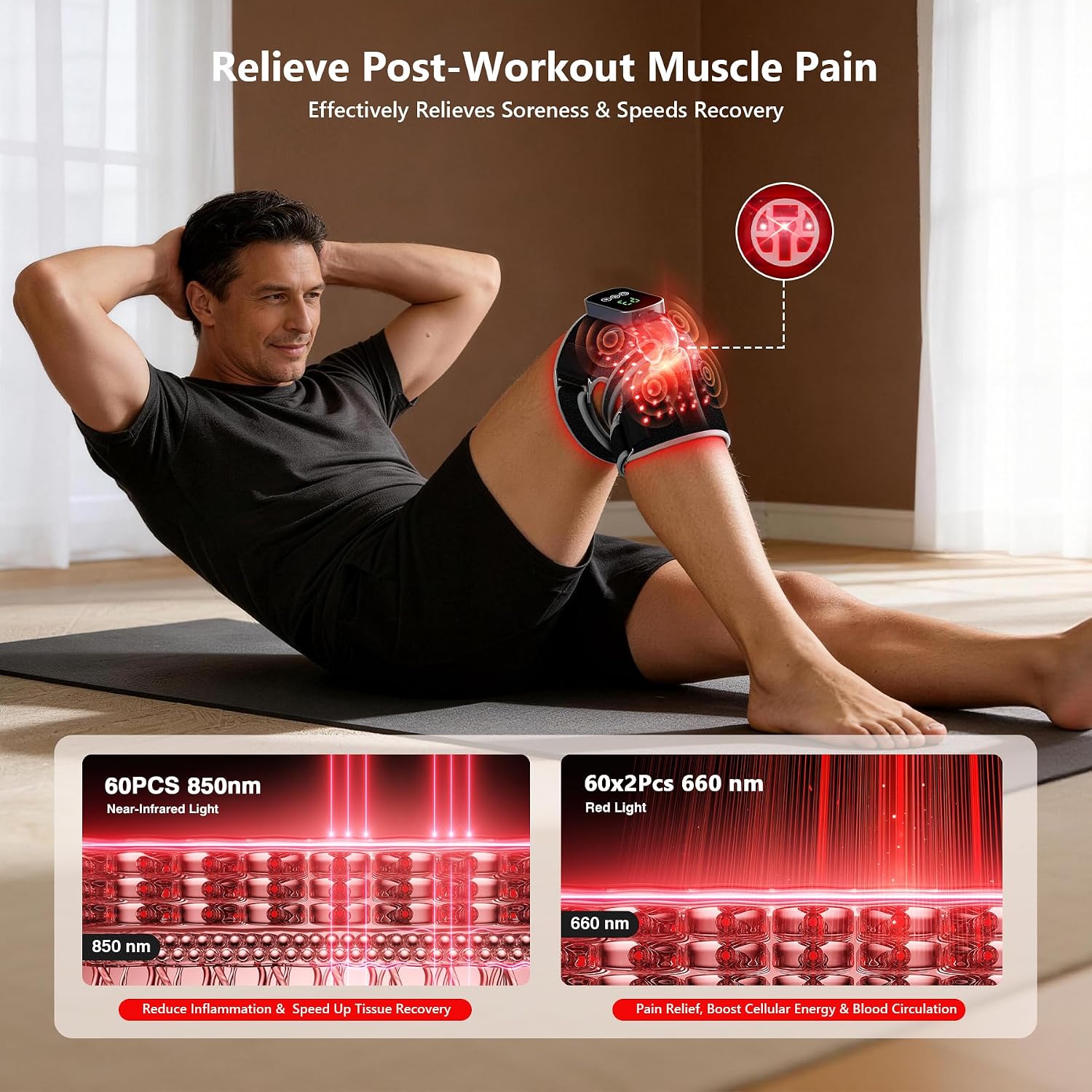 Knee Massager with 5 Heat and Red Light Therapy, Cordless Heated Knee Brace