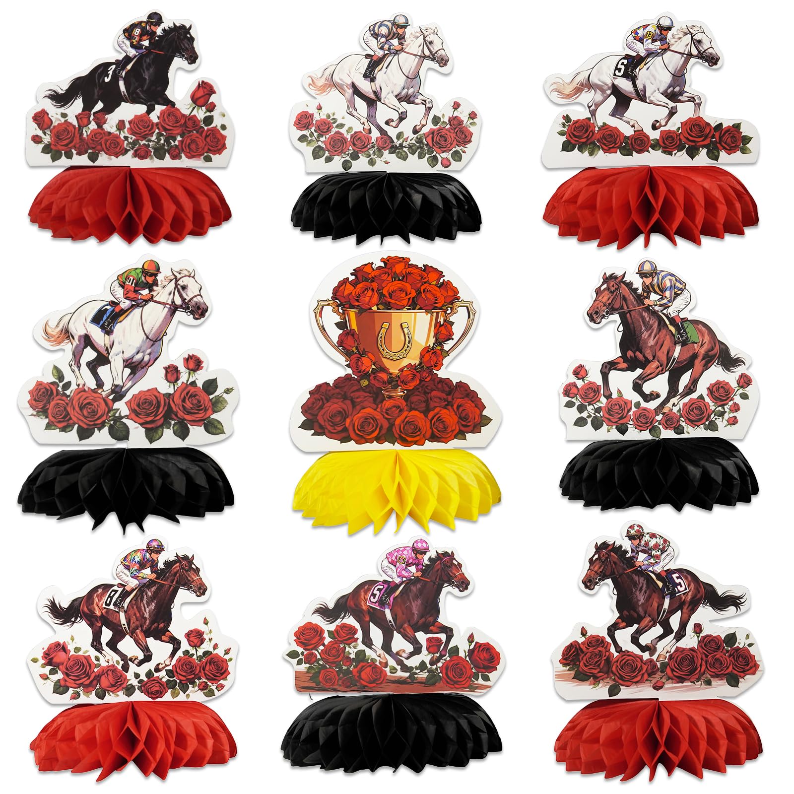 Derby Day Party Decorations, 9 pezzi centrotavola a nido d'ape con rose, forniture per feste di compleanno a cavallo, decorazioni da tavolo per baby shower