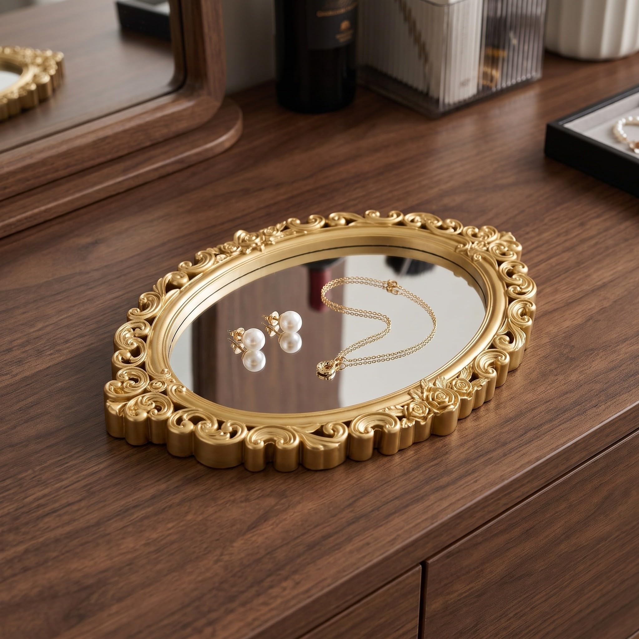 3 Pezzi Set di Specchi Vintage in Resina Oro con Organizer per Gioielli, Finitura Antica in Design D’epoca, Dimensioni 38,5x23,5 Cm, per Bagno e Camera