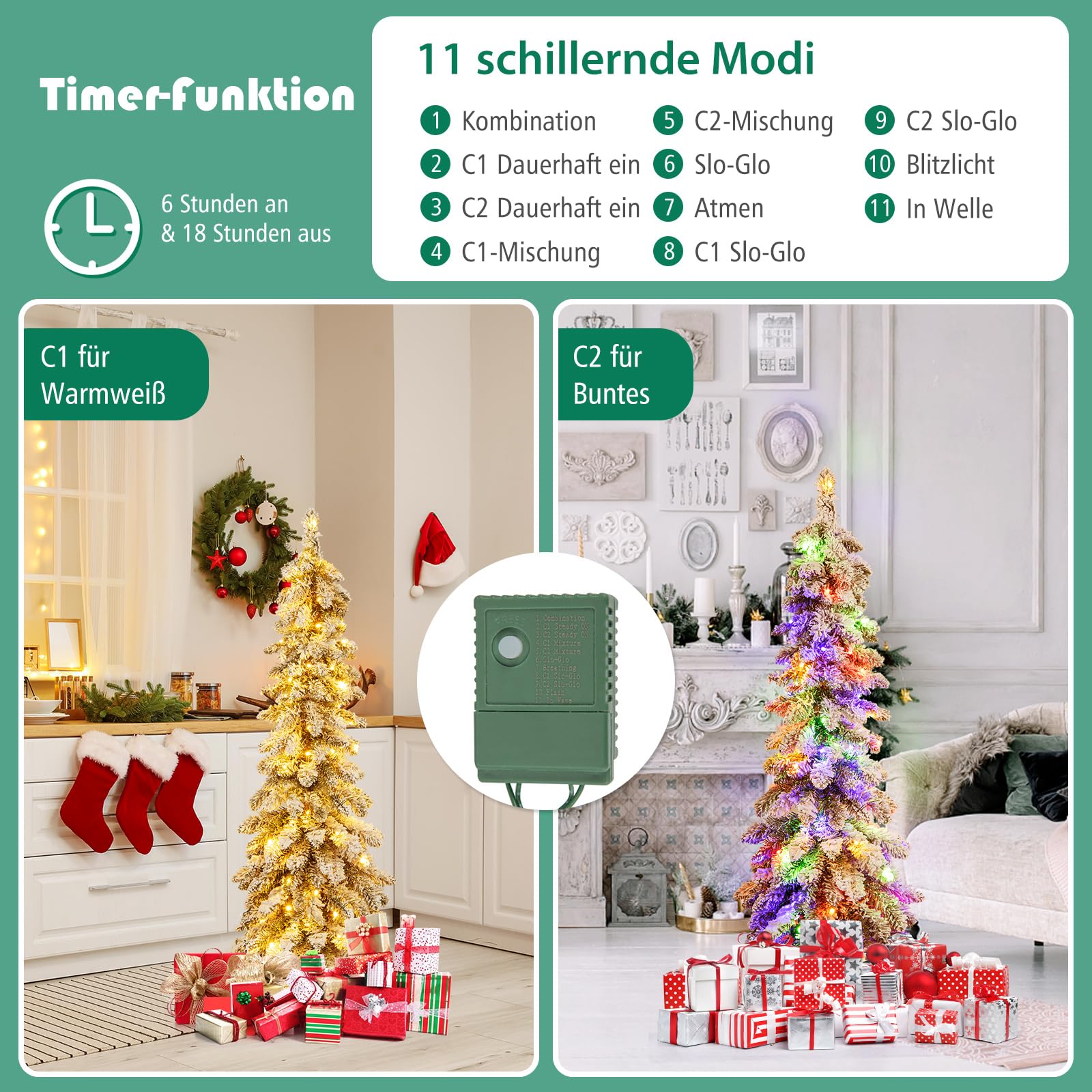 COSTWAY 120cm Bleistift Weihnachtsbaum mit Schnee, LEDs in warmweiß und bunt | 11 Lichtmodi | Timer, künstlicher Tannenbaum mit Beleuchtung & Metallständer, Christbaum Kunstbaum Weihnachten, Weiß