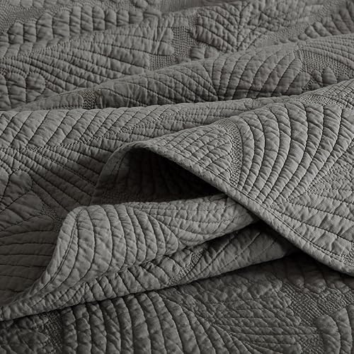 Miniatura 5 de mixinni Juego de edredón de algodón suave con patrón de palmera gris para él y ella, tamaño Queen