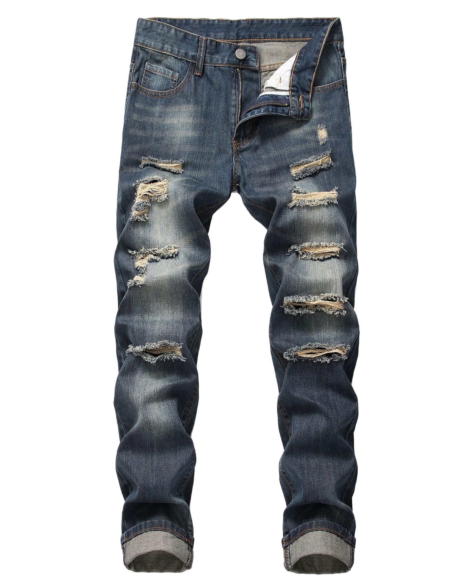 Andongnywell Mens Ripped Slim Fit Straight Leg Denim Straight-Leg Slim-fit Mens Jeans Destroyed Trousers