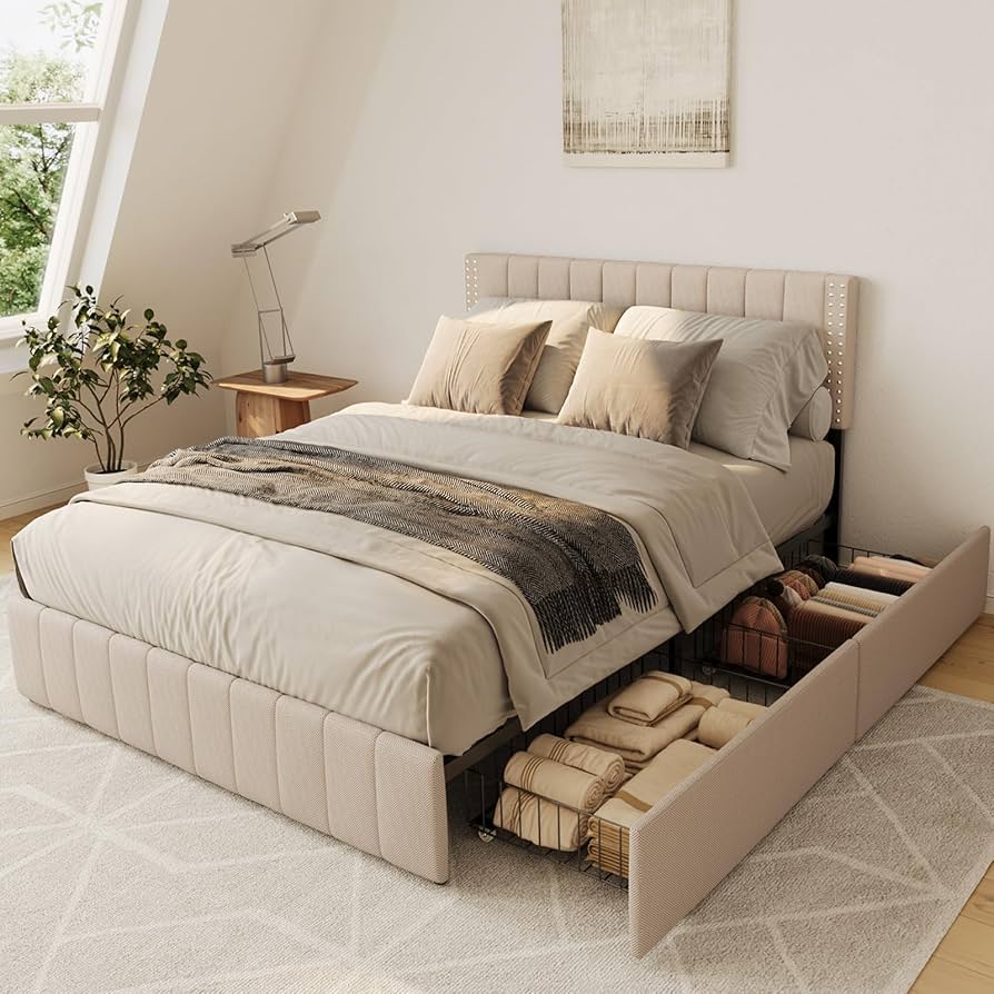 Amazon.com: Gizoon Upholstered Full Bed Frame with 4 Storage