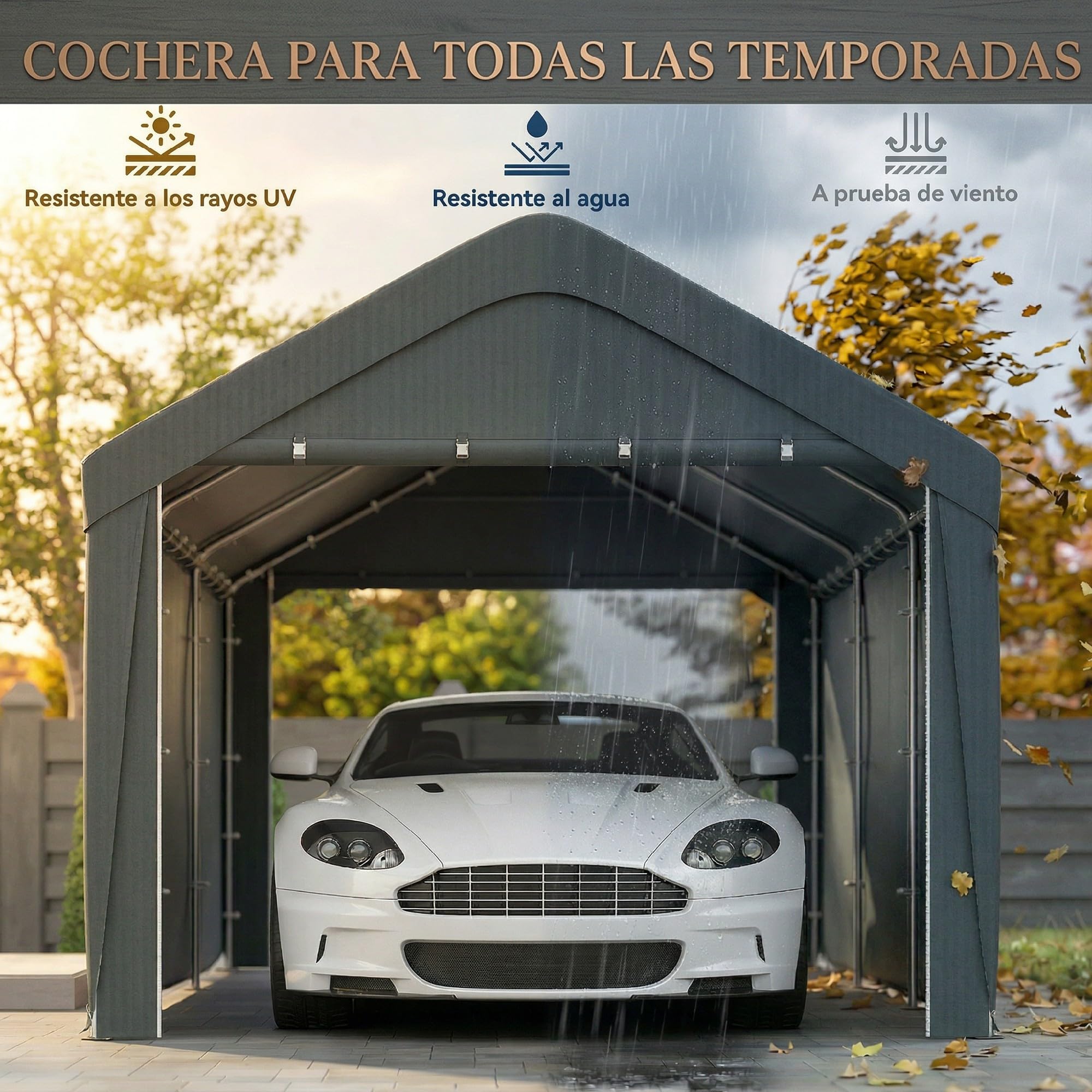 Outsunny Carpa Garaje Portátil 3x6 m Impermeable para Coche Gris Oscuro | Anti-UV, Paredes Laterales Desmontables, 2 Puertas Enrollables, Garaje Exterior, Cobertizo para Herramientas de Jardín
