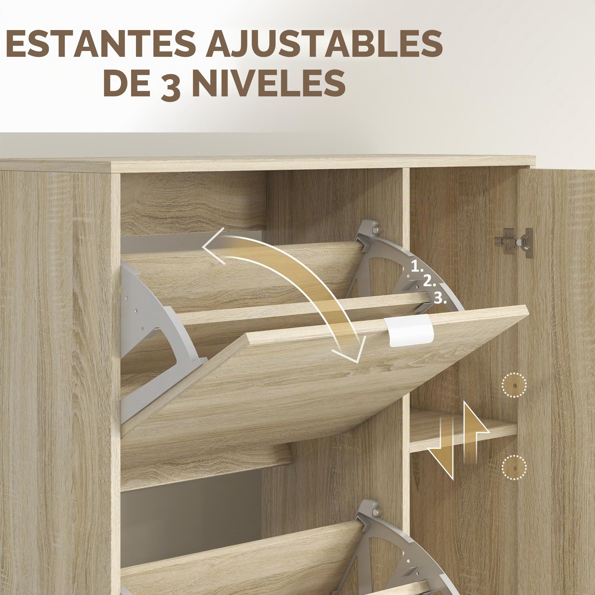 HOMCOM - Mueble para zapatos, con 2 armarios, 4 tapas y fachadas Espejo, estantes ajustables para 16 pares de zapatos, roble