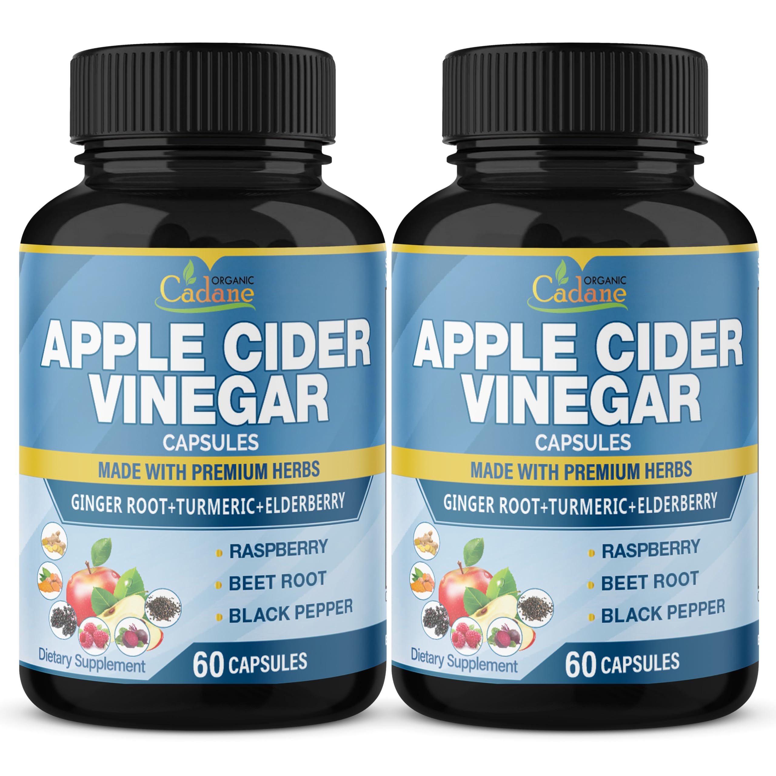 Organic Cadane 2 Packs Apple Cider Vinegar Extract Capsules, 4 Months Supply & Ginger, Turmeric Curcumin, Elderberry, Raspberry, Beet Root, Pepper | Immune System, Digestion Supports