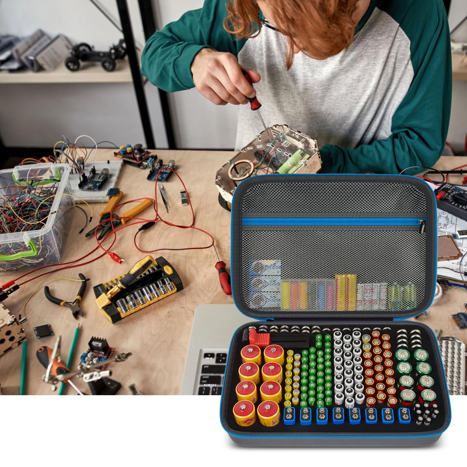 Organisateur de piles boîtier de rangement étui boîte avec contrôle de test BT-168. Contient 225 piles AA AAA C D-cell 9 V 3 V lithium (bleu, grand)