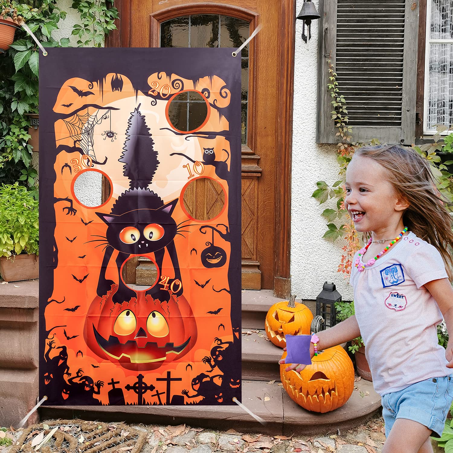 Halloween Pumpkin Toss Games with 3 Bean Bags for Halloween Throwing Games Party Decorations, Indoor-Outdoor Toys for Kids Boys Girls, Halloween-Themed Party Favor Supplies Treats Gifts (34” X 53”)