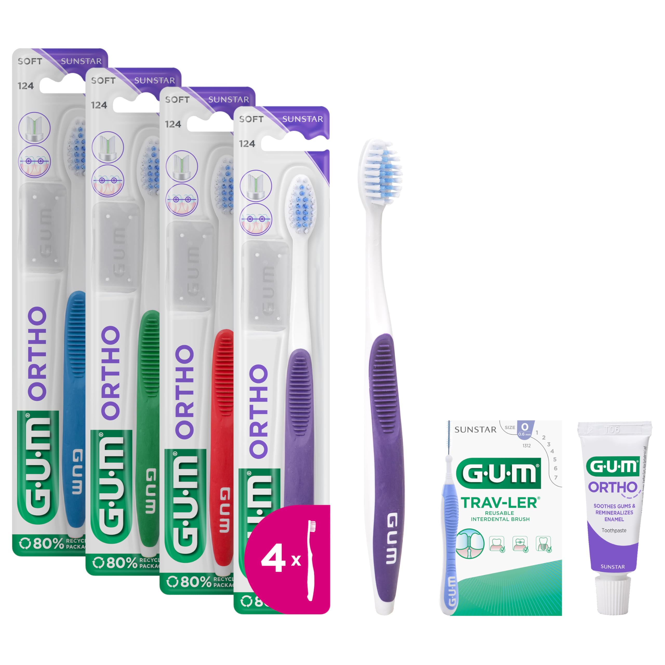 Ortho Toothbrush | Compact Head with V-Shaped Soft bristles | for Cleaning Brackets and Wires | Non-Slip Grip Handle | 4 x 1 Pieces (with 2 Bonus Samples)