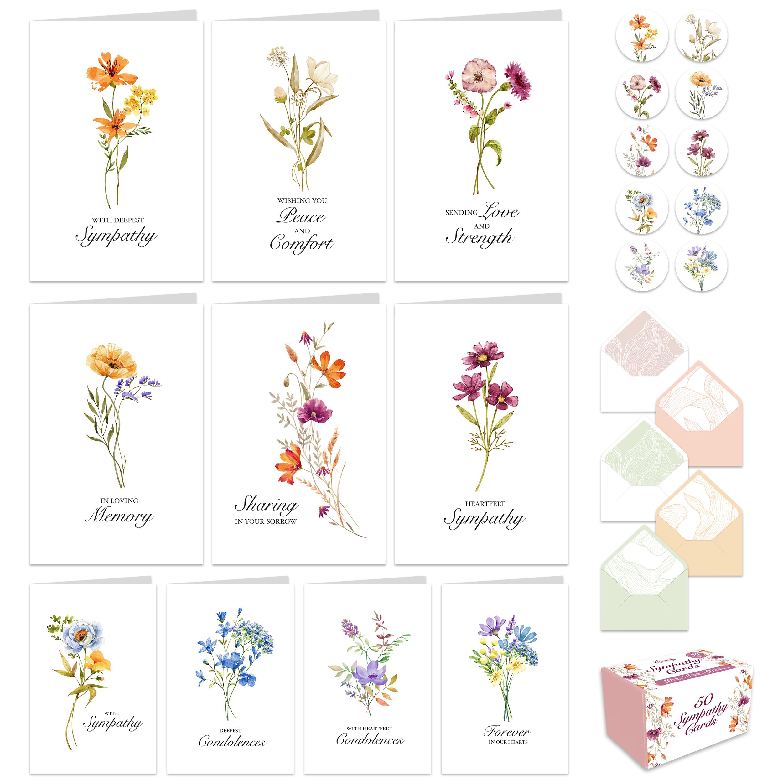 Decorably 50 Pack 4x6in Bulk Sympathy Cards with Envelopes & Stickers, 10 Folded Floral Designs with Printed Message Inside - Burial, Grief,