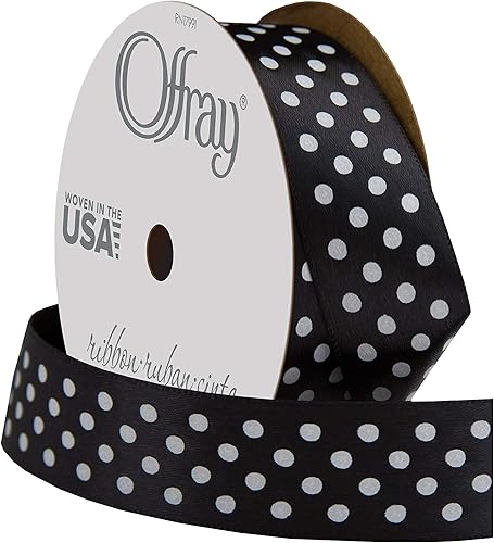 Miniatura 2 de Offray Cinta de satén de una sola cara de 78 pulgadas de ancho, 3 yardas, patrón de lunares blancos y negros (paquete de 2)