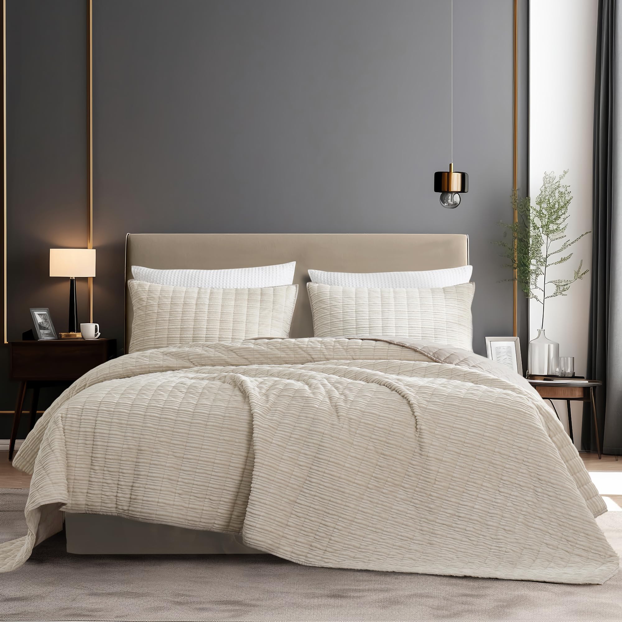 SHALALA Corduroy Quilt Queen Size 3 Pieces Bedding Set,Striped Bed Cover Cozy Bedspread Coverlet with 2 Matching Pillow Shams,Soft Lightweight Quilt Set for All Season(Beige,Full/Queen)