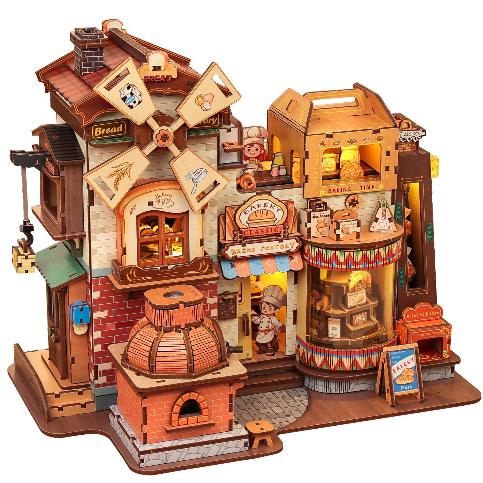 Fsolis Brotfabrik Spieluhr, 3D-Holzpuzzle Miniatur-Bäckerei | Miniatur-Bäckerei mit drehbarem Förderband; DIY-Puppenhaus und dekorative Spieluhr für Bastelfans und Familien