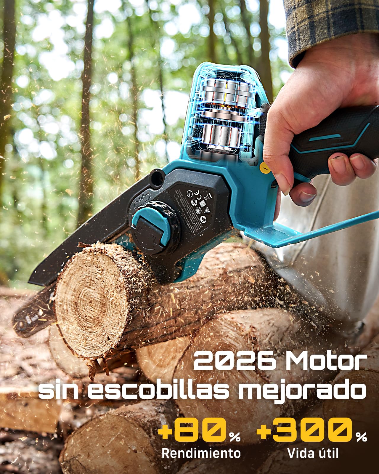 SEESII 6 & 8 Pulgadas Motosierra Bateria, 1000W Brushless, Mini Motosierra con 2*4000mAh Batería, Sierra Eléctrica para Podar con Lubricación Automática, Motosierras Pequeñas Árboles y Cortar Madera