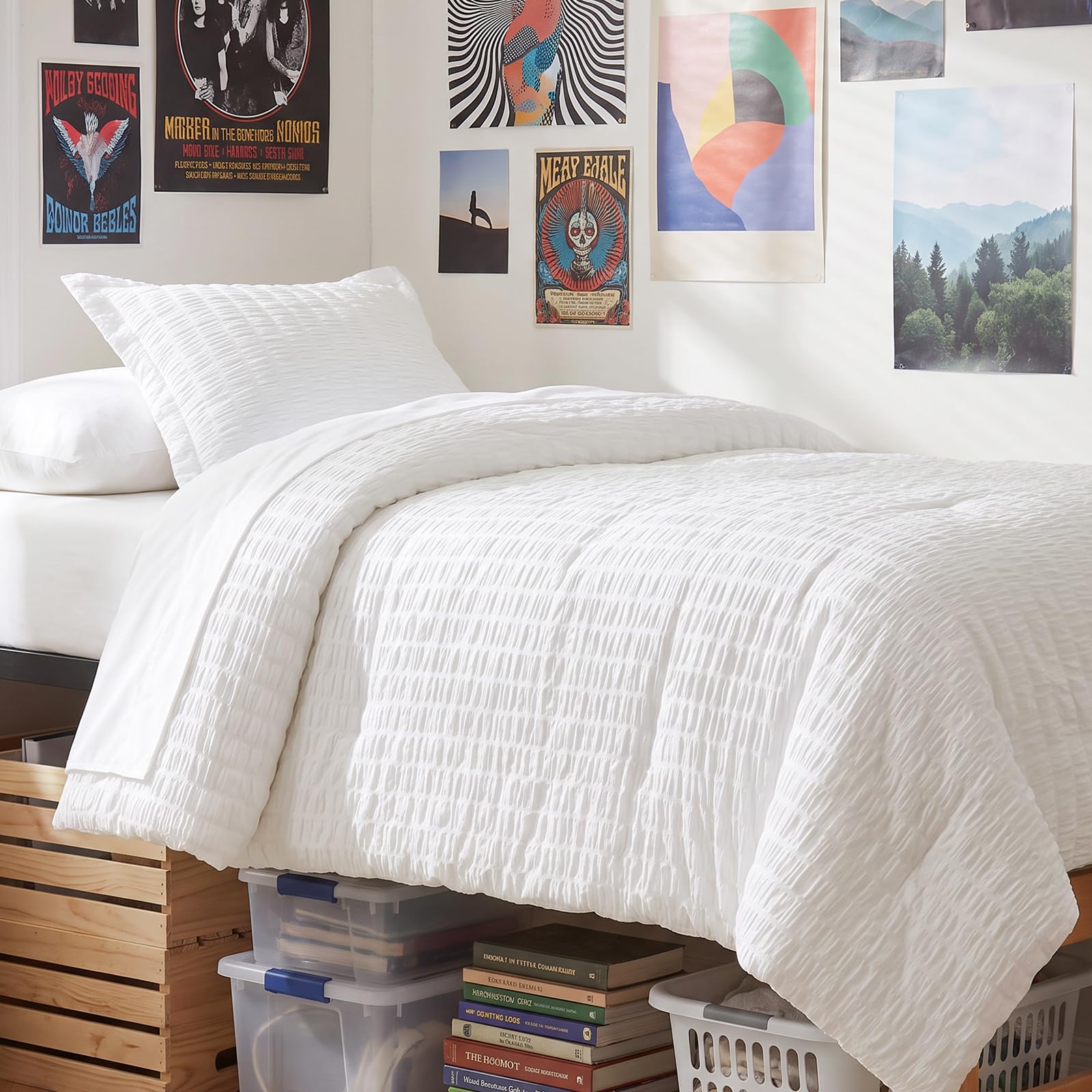 CozyLux Twin Comforter Set, 5 Pieces White Seersucker Bed in a Bag