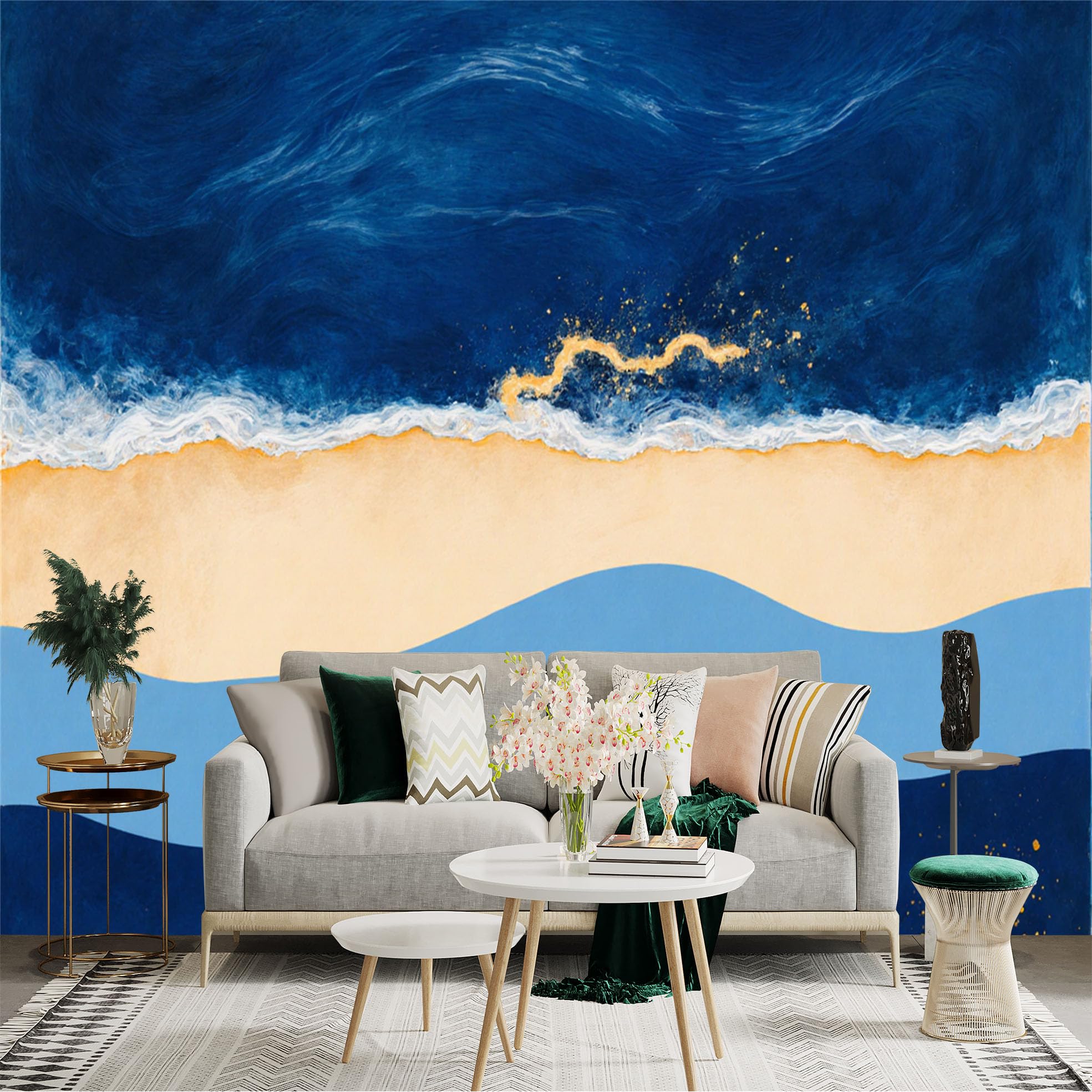 Custom Size Wall Sticker Mural， Abstract Ocean Beach Scenery， Modern Nautical Gold Foil Waves， for wall Decoration， peelandstick wall Decals.