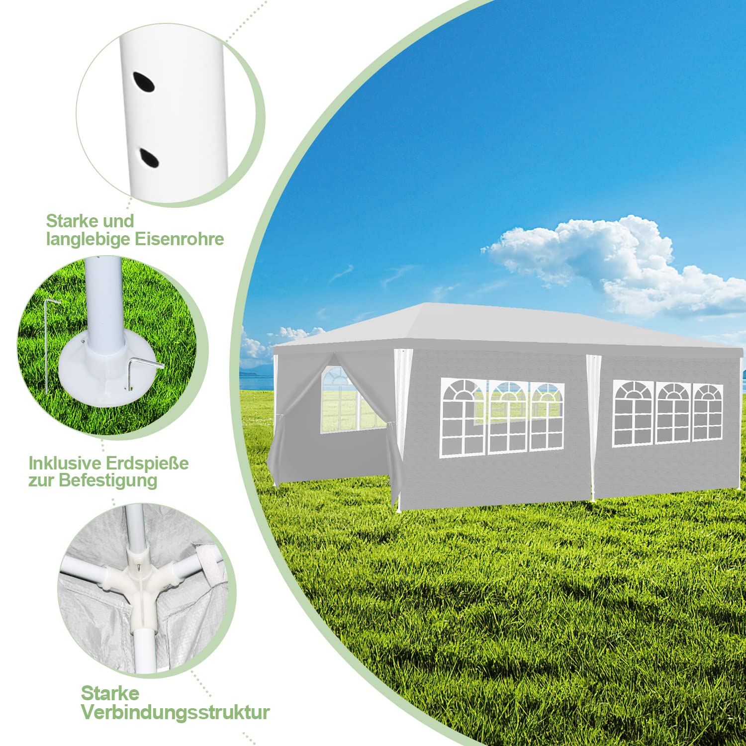 Gazebo da 3 x 6 m, tenda per feste impermeabile, tenda da giardino, 100 g/m², birreria, alta qualità, in PE, resistente ai raggi UV, con 6 pannelli laterali, bianco