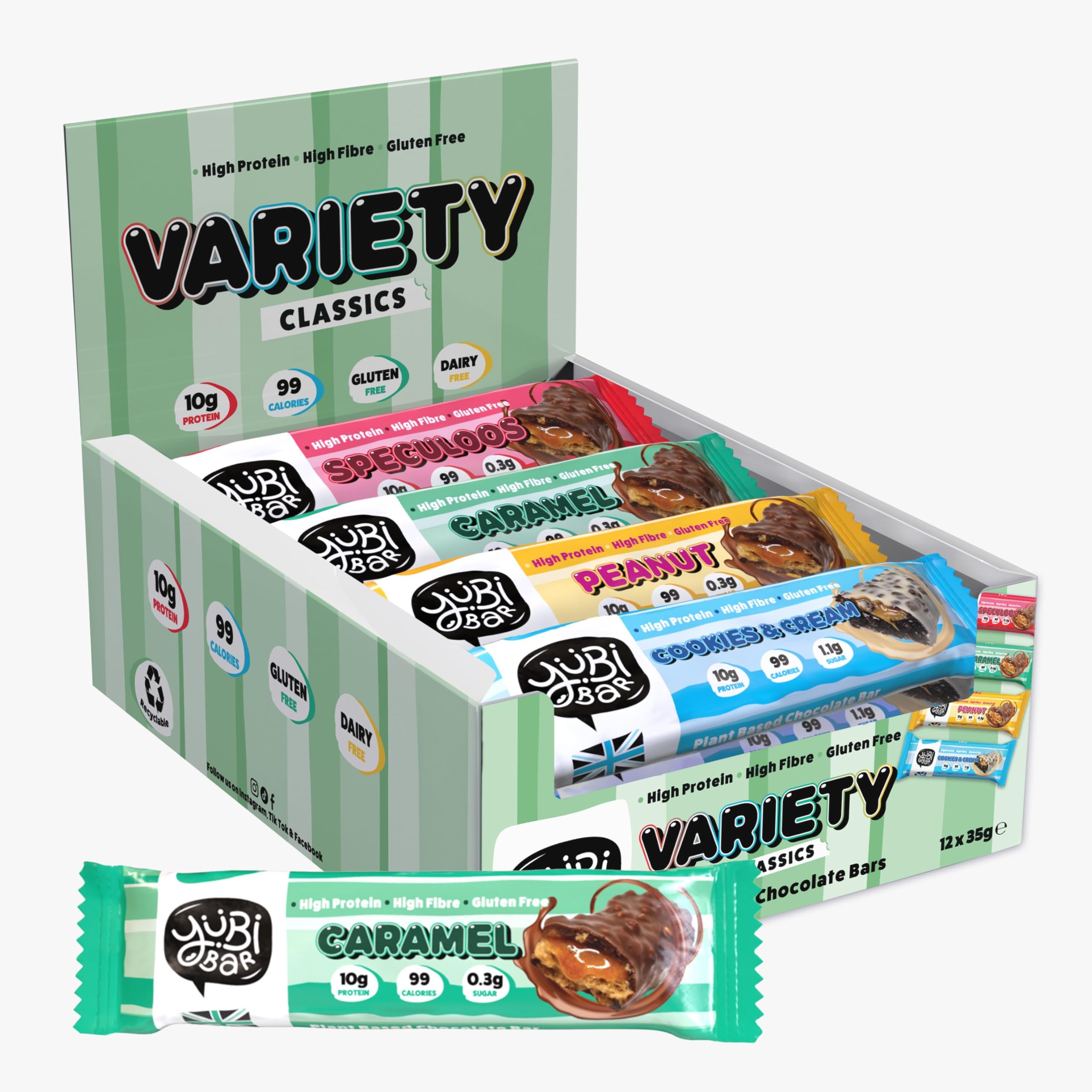 Yubi Variety Box 12 Pack - Protein Bars - 99 Calories, High Protein, High Fibre, Low Sugar, Gluten Free and Dairy Free - Healthy Snacks/Nutrition Bar - Chocolate Bars - 420g