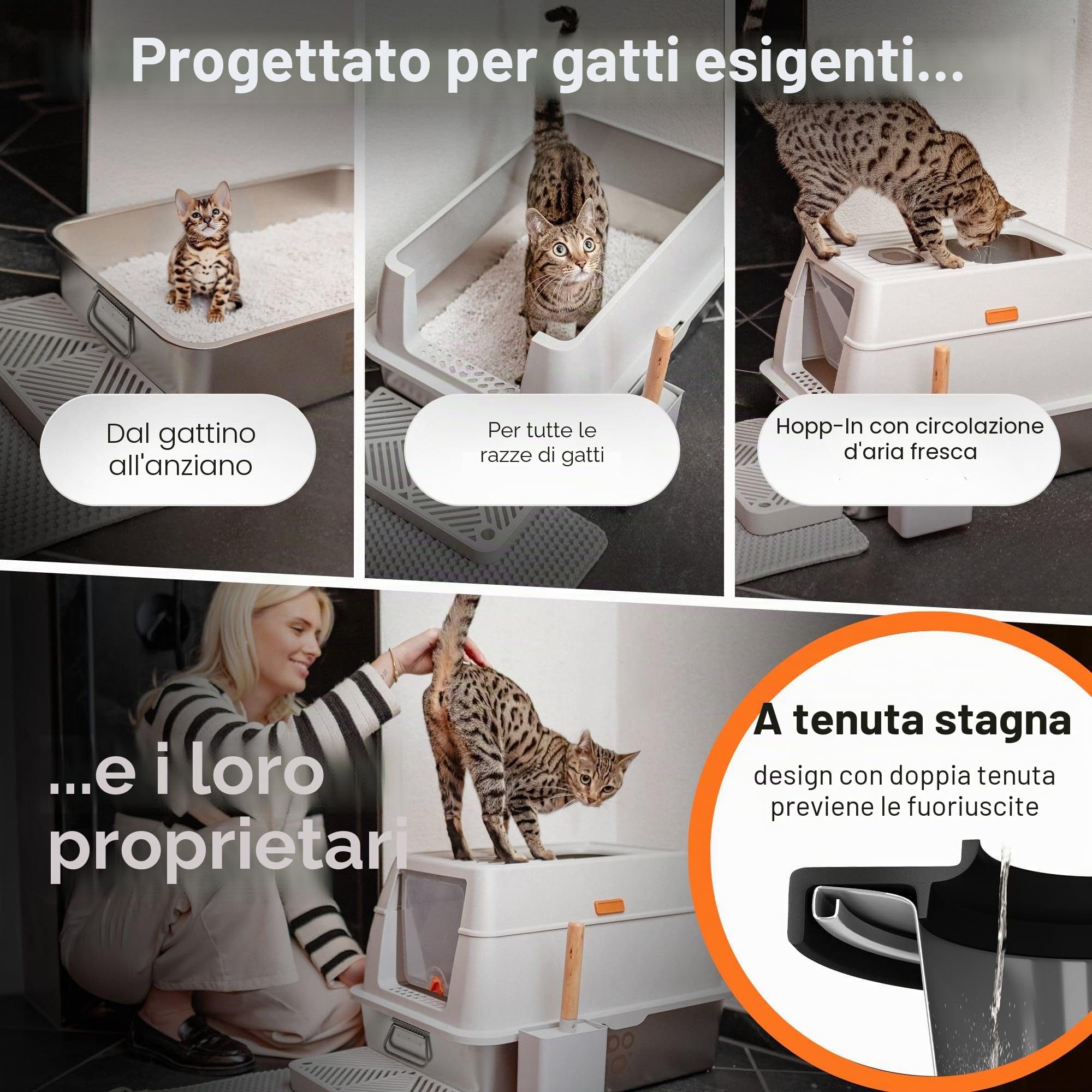 Lettiera per gatti in acciaio inox con coperchio a tenuta stagna, 3 in 1, chiusa, aperta, con filtro antiodore, tappetino e gradino, in acciaio inox, per gatti